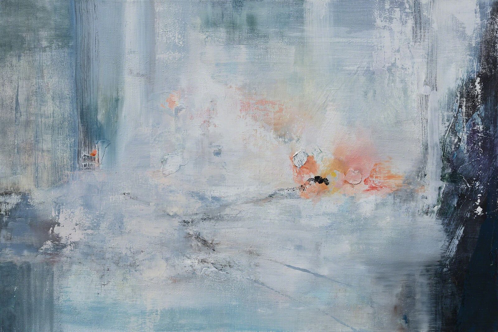 A painting of a blue and white abstract painting on a wall.