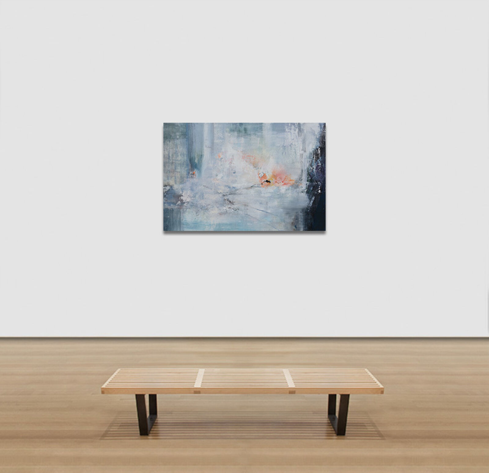 A painting of a blue and white abstract painting on a wall.