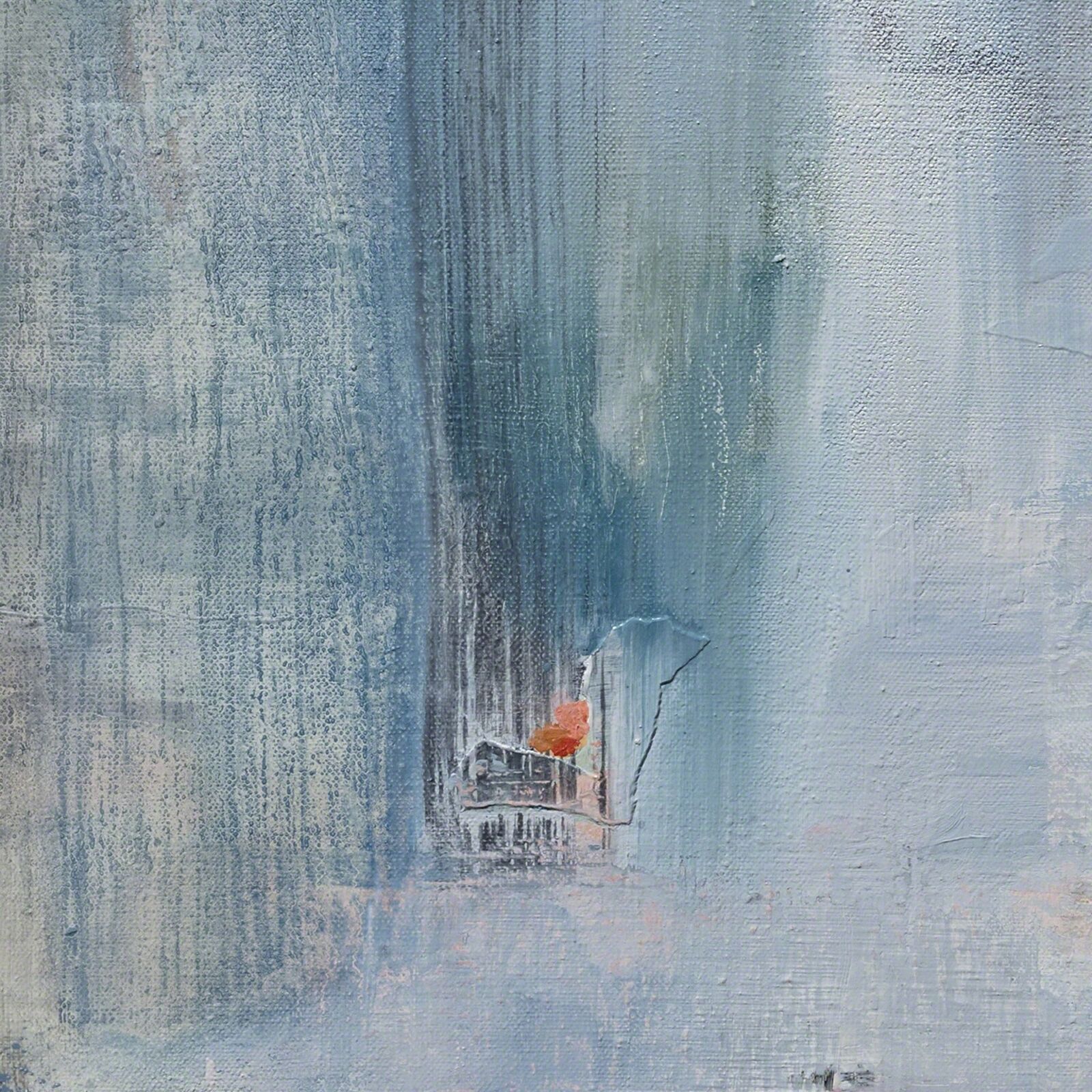 A painting of a blue and white abstract painting on a wall.