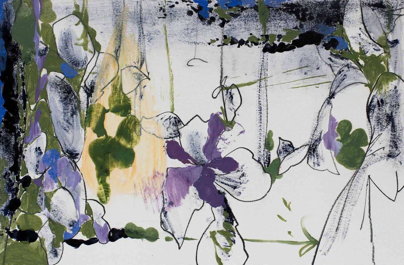 A painting of purple and white flowers on a white background.