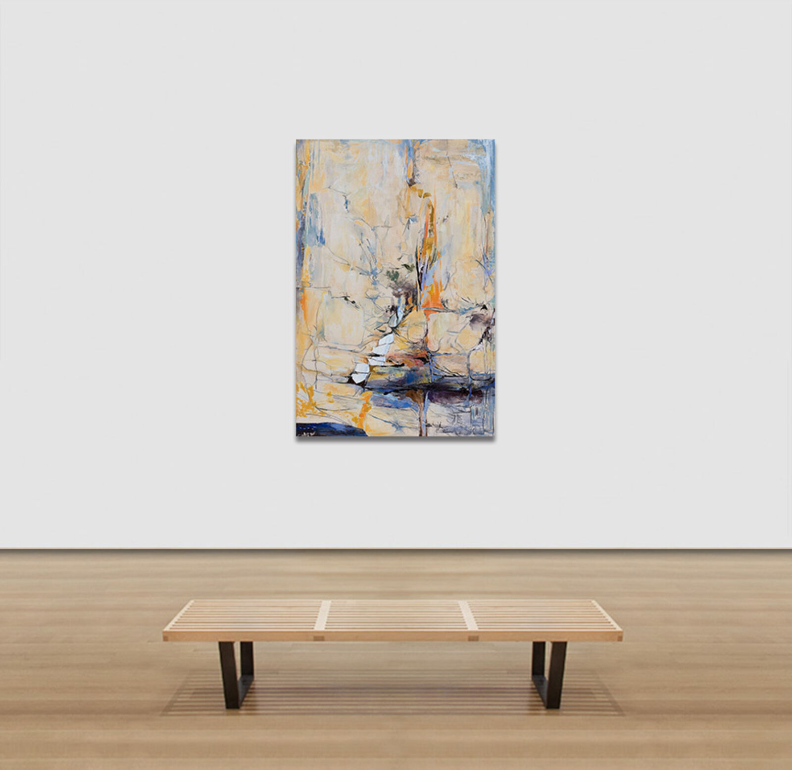 A painting of a yellow and blue abstract painting on a wall.
