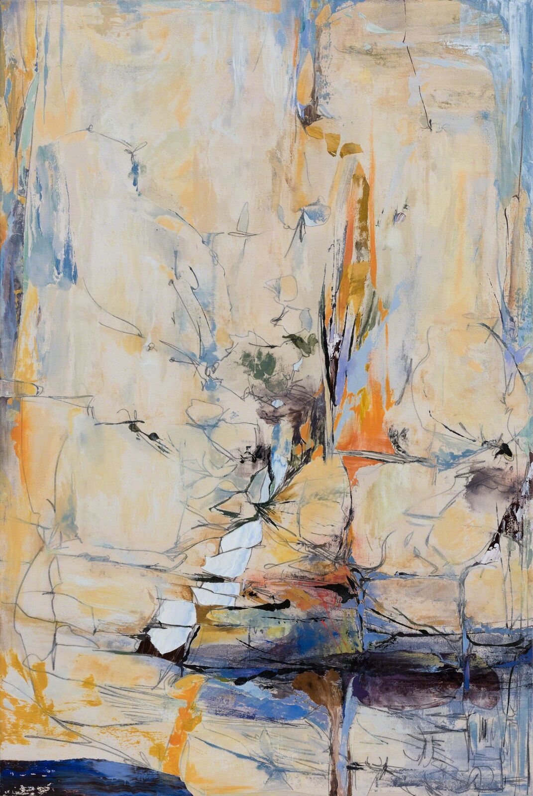 A painting of a yellow and blue abstract painting on a wall.