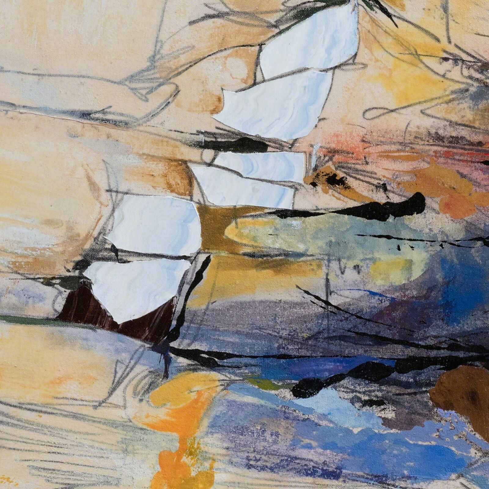 A painting of a yellow and blue abstract painting on a wall.