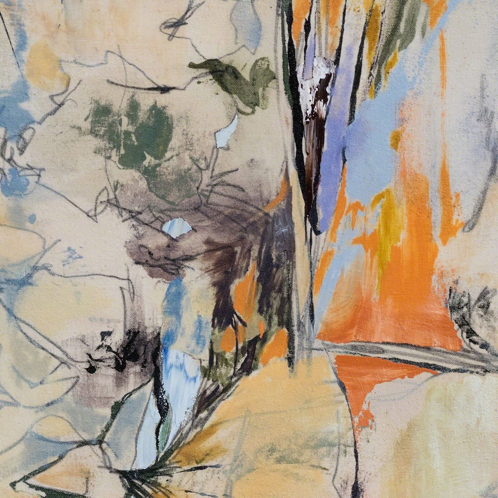 A painting of a yellow and blue abstract painting on a wall.