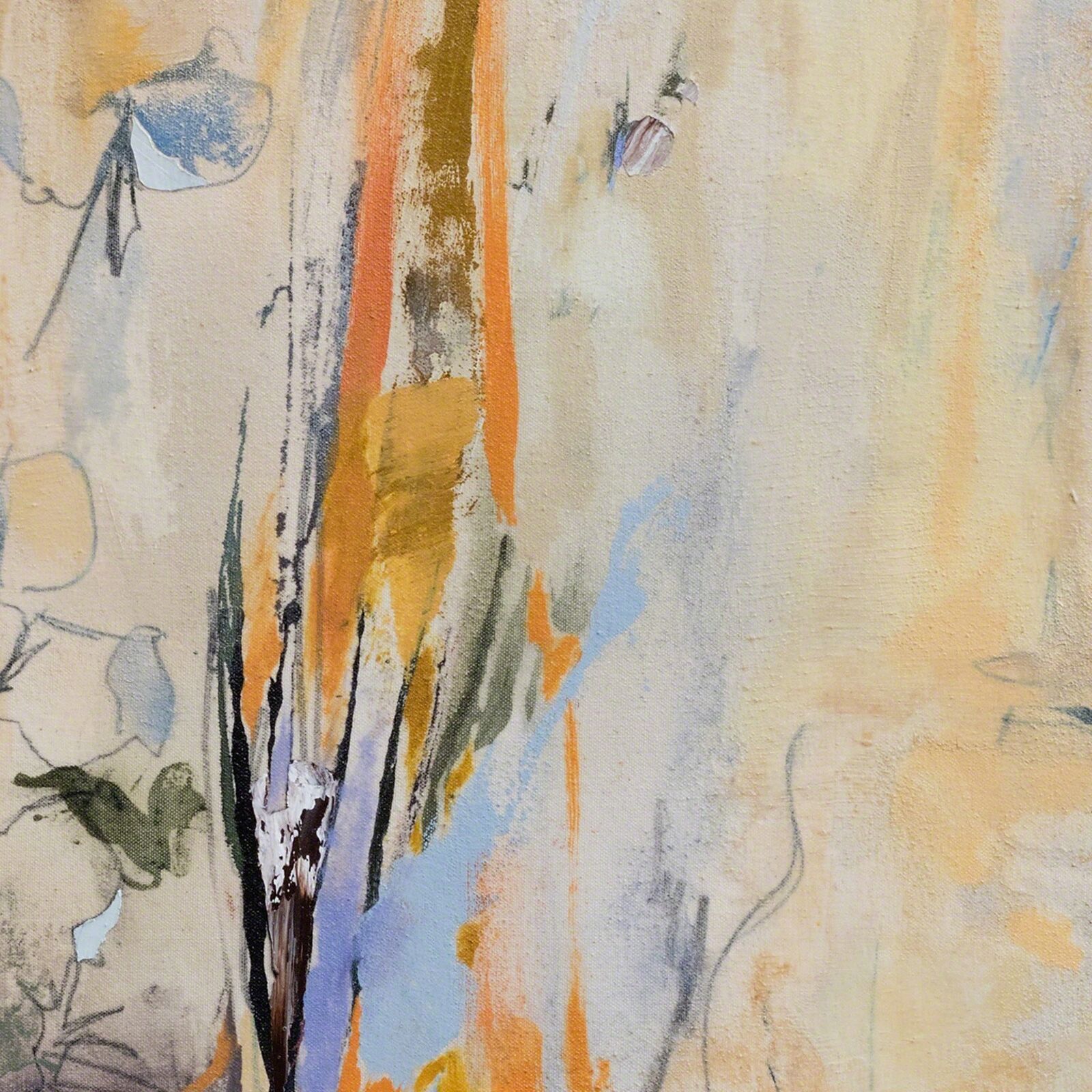 A painting of a yellow and blue abstract painting on a wall.