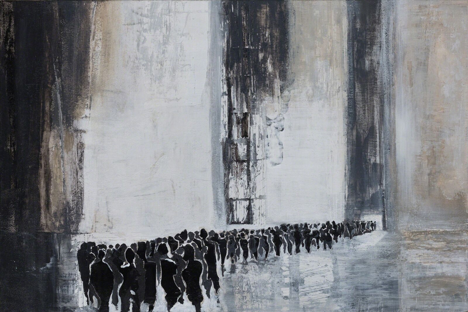 A painting of a group of people walking down a street.