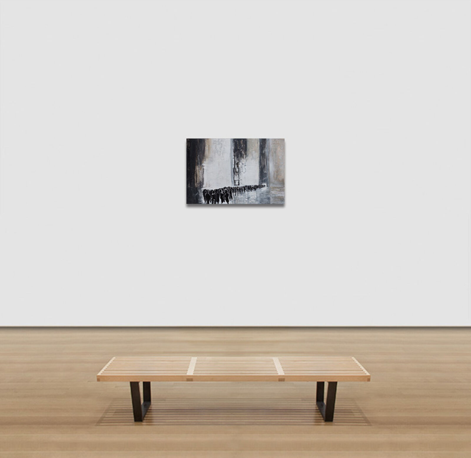 A painting of a group of people walking down a street.