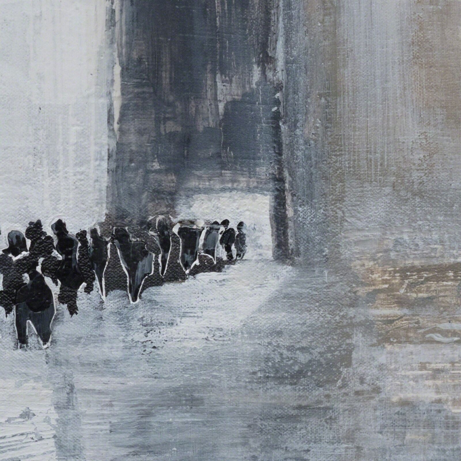 A painting of a group of people walking down a street.