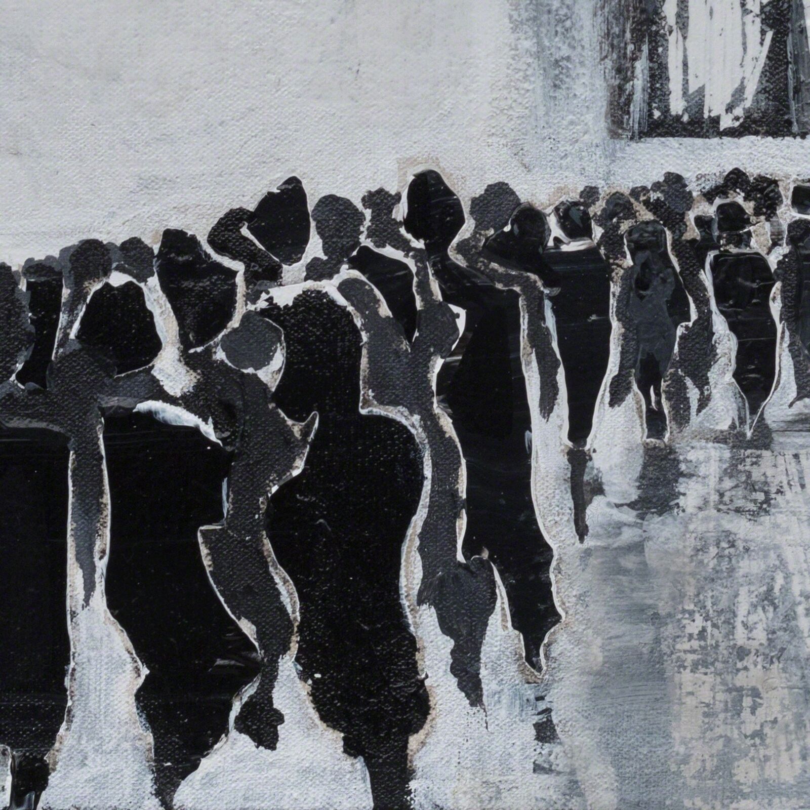 A painting of a group of people walking down a street.