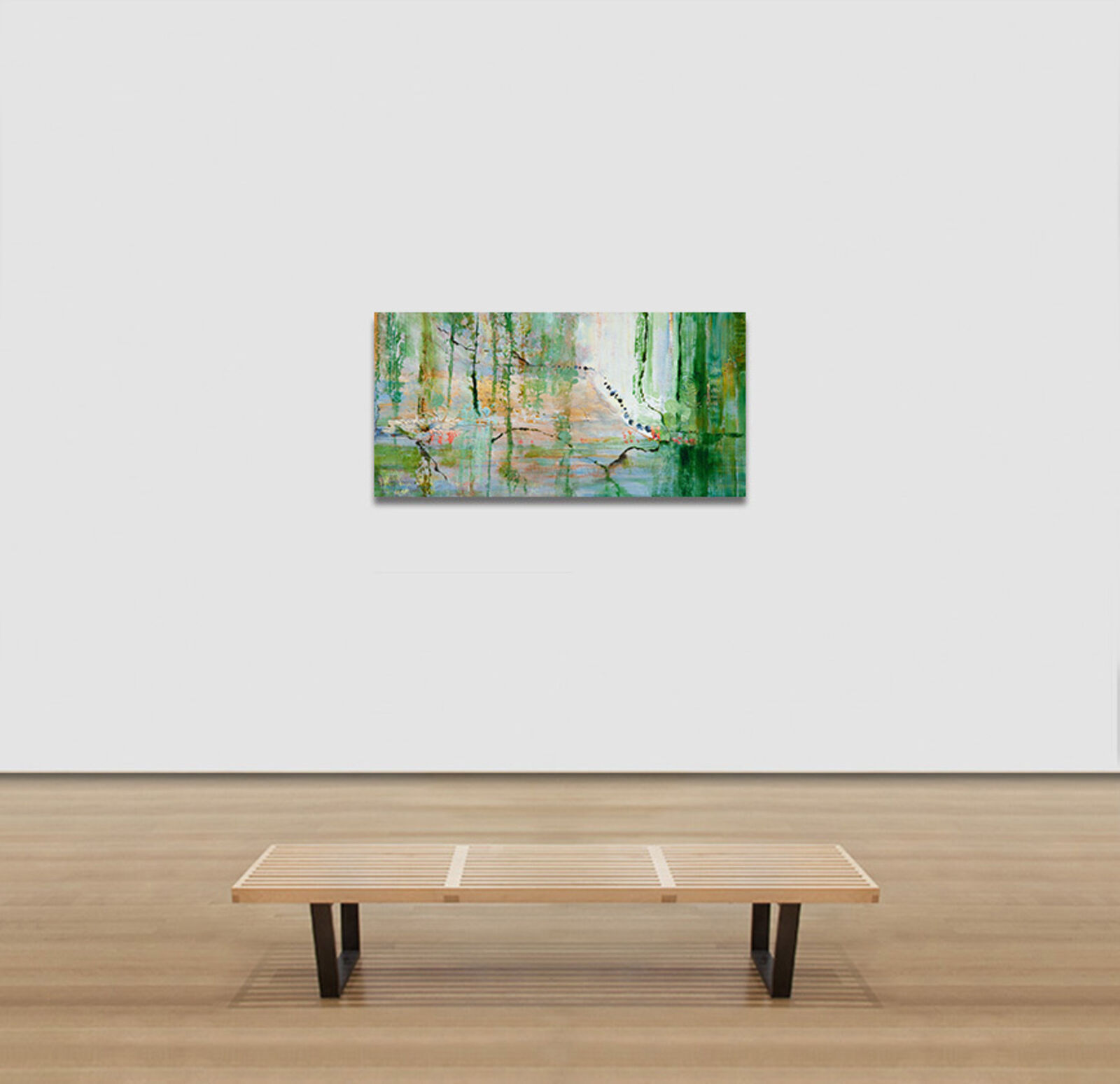 A painting of a green and white abstract painting on a wall.