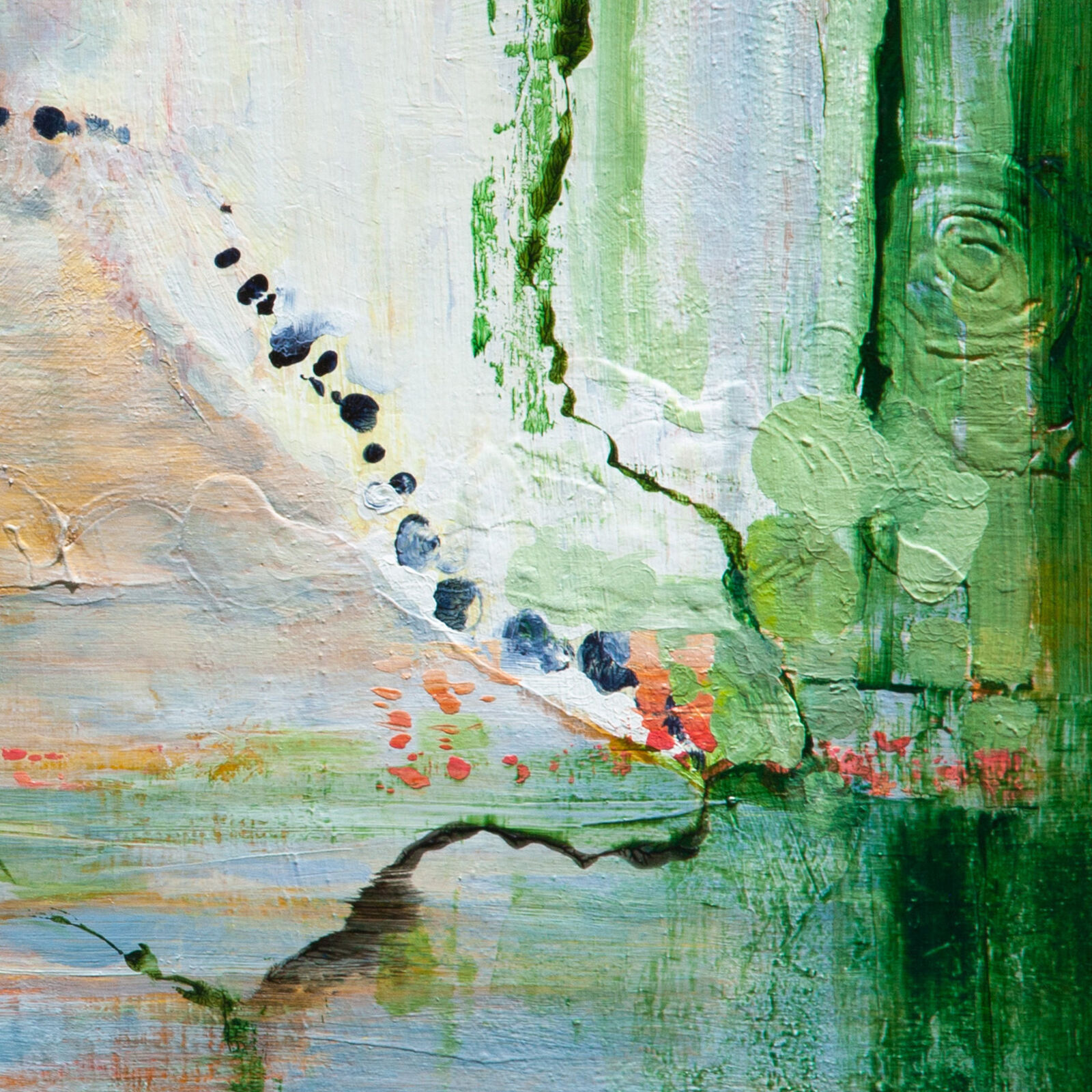 A painting of a green and white abstract painting on a wall.
