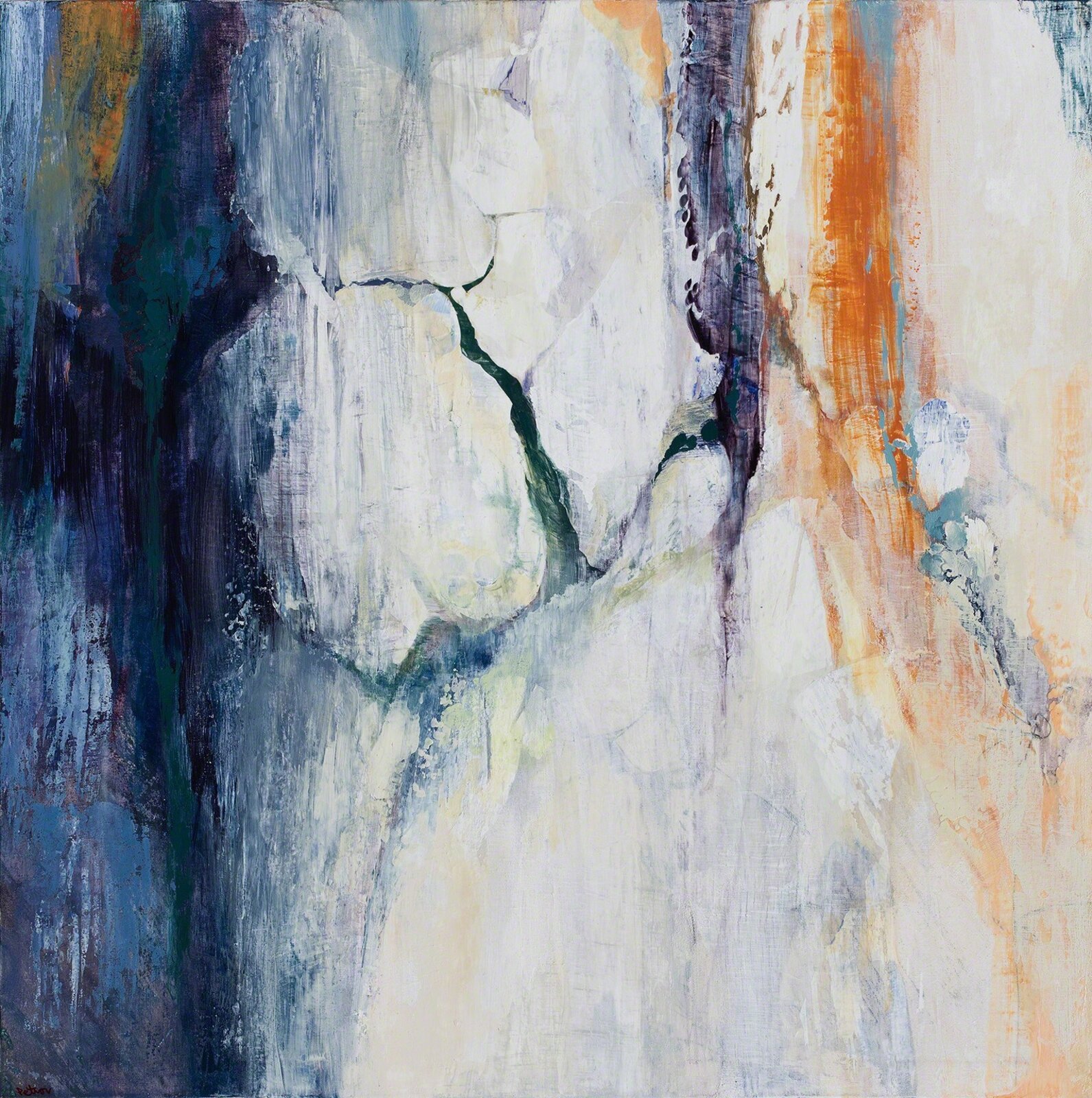 A painting of a white and blue abstract painting on a wall.