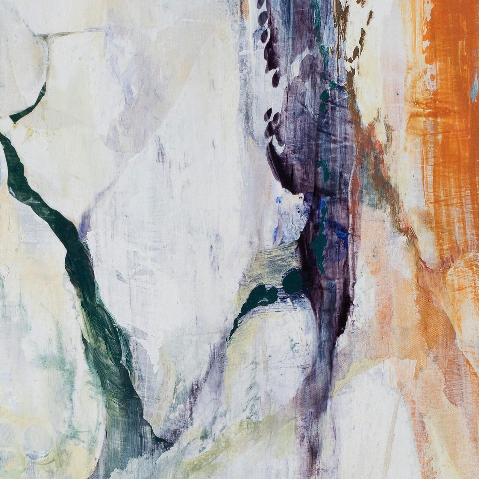 A painting of a white and blue abstract painting on a wall.