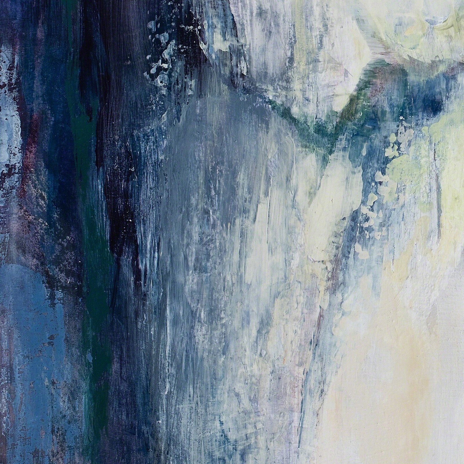 A painting of a white and blue abstract painting on a wall.