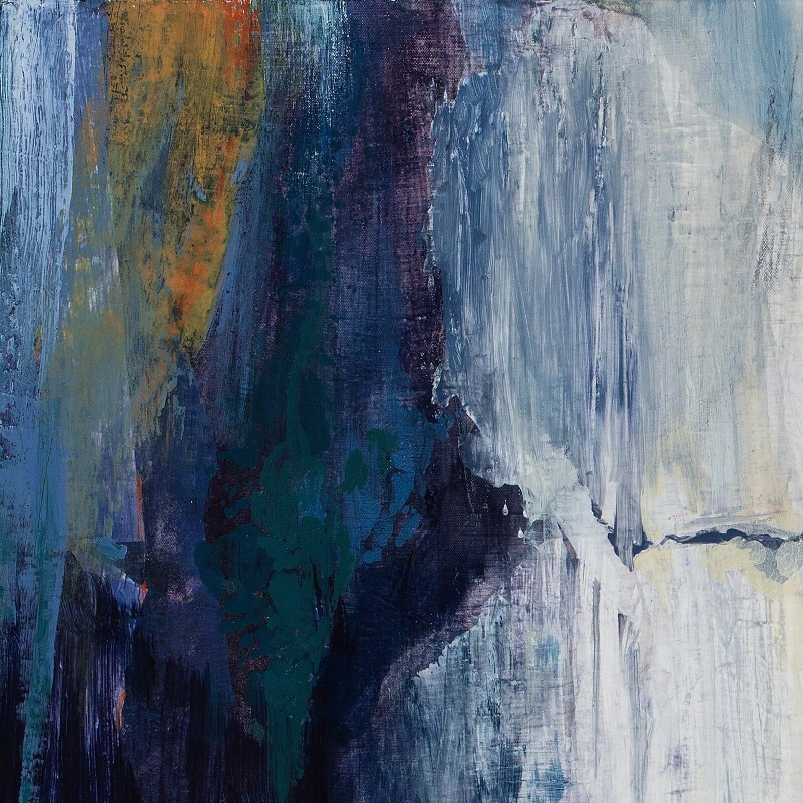 A painting of a white and blue abstract painting on a wall.