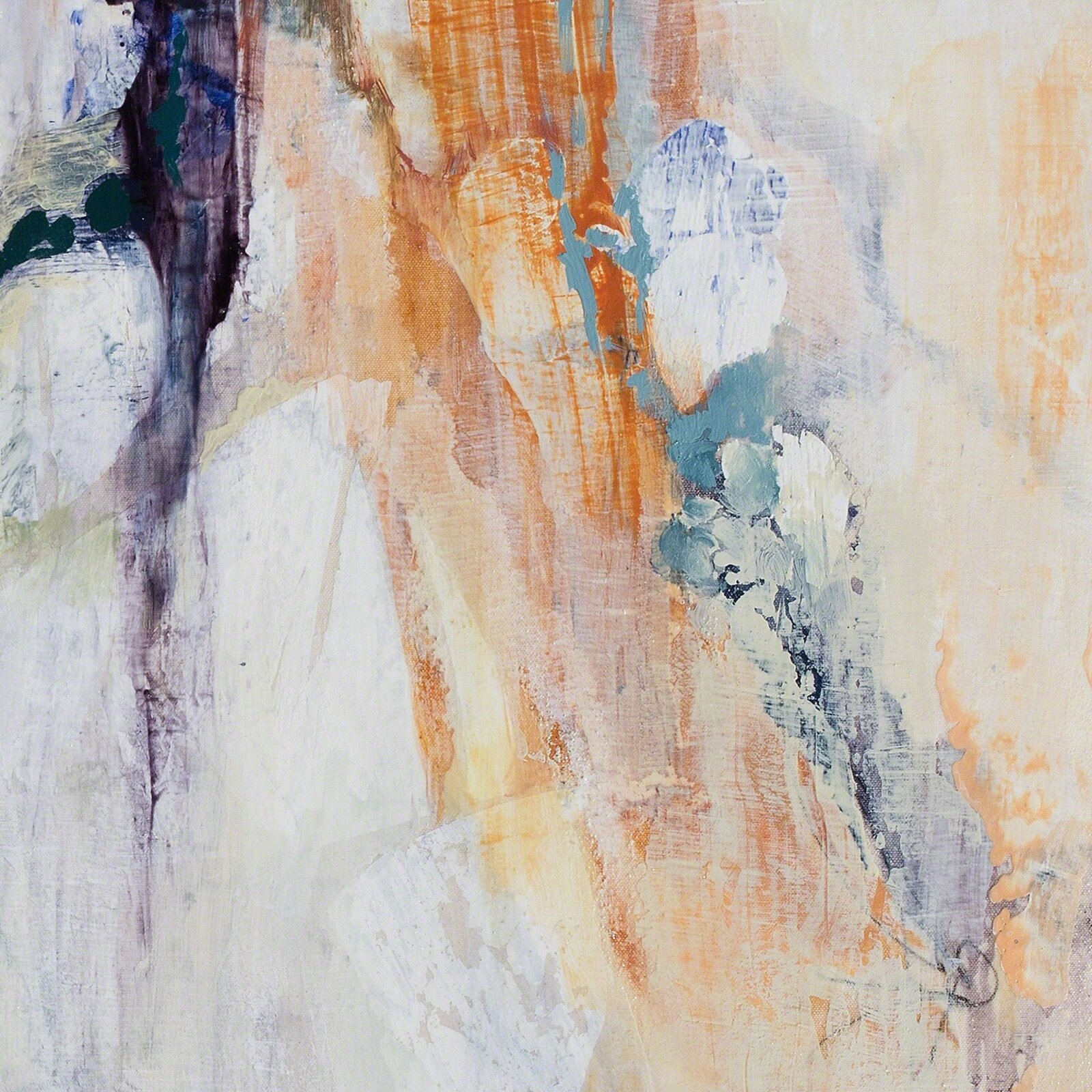 A painting of a white and blue abstract painting on a wall.