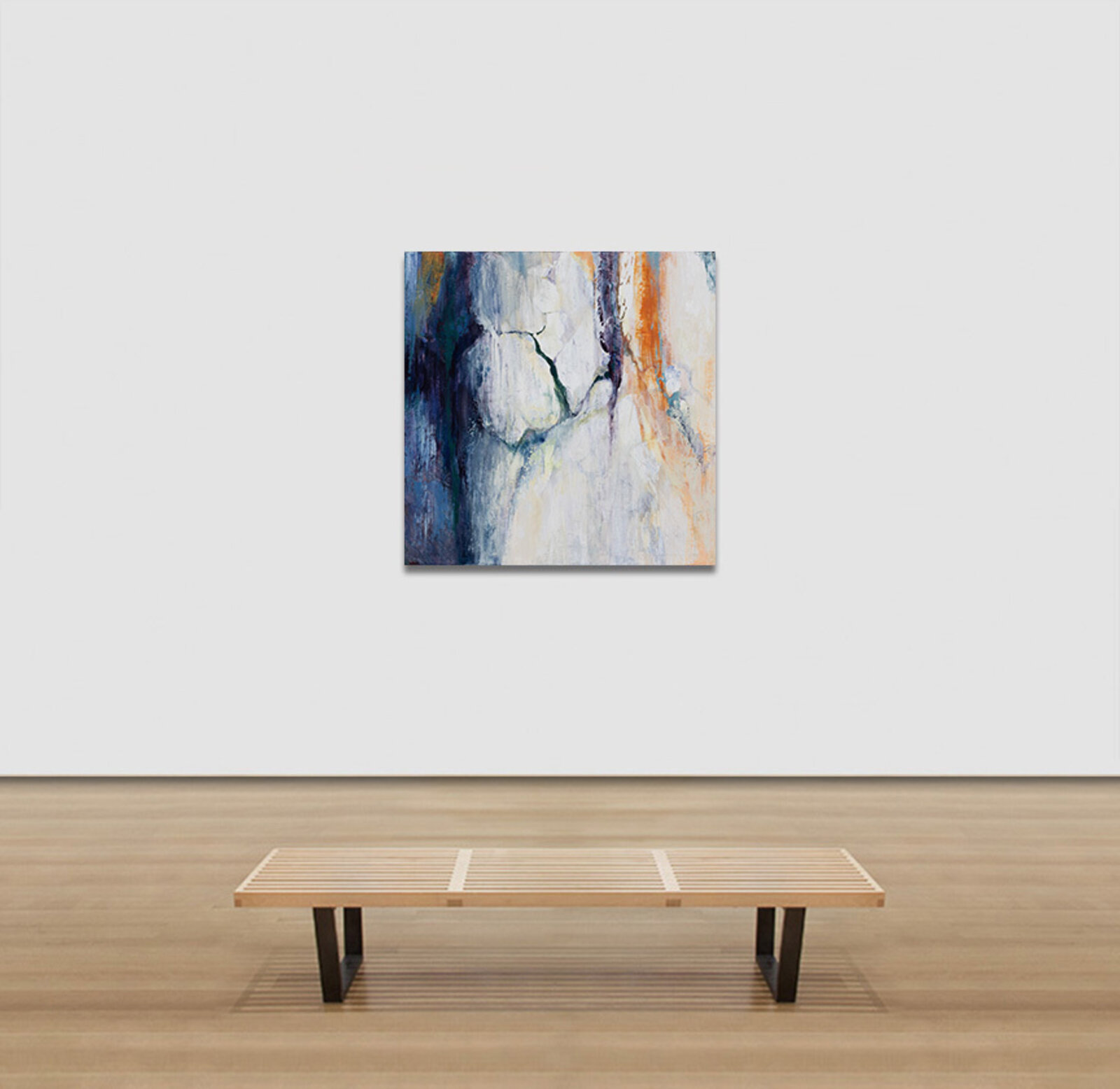 A painting of a white and blue abstract painting on a wall.