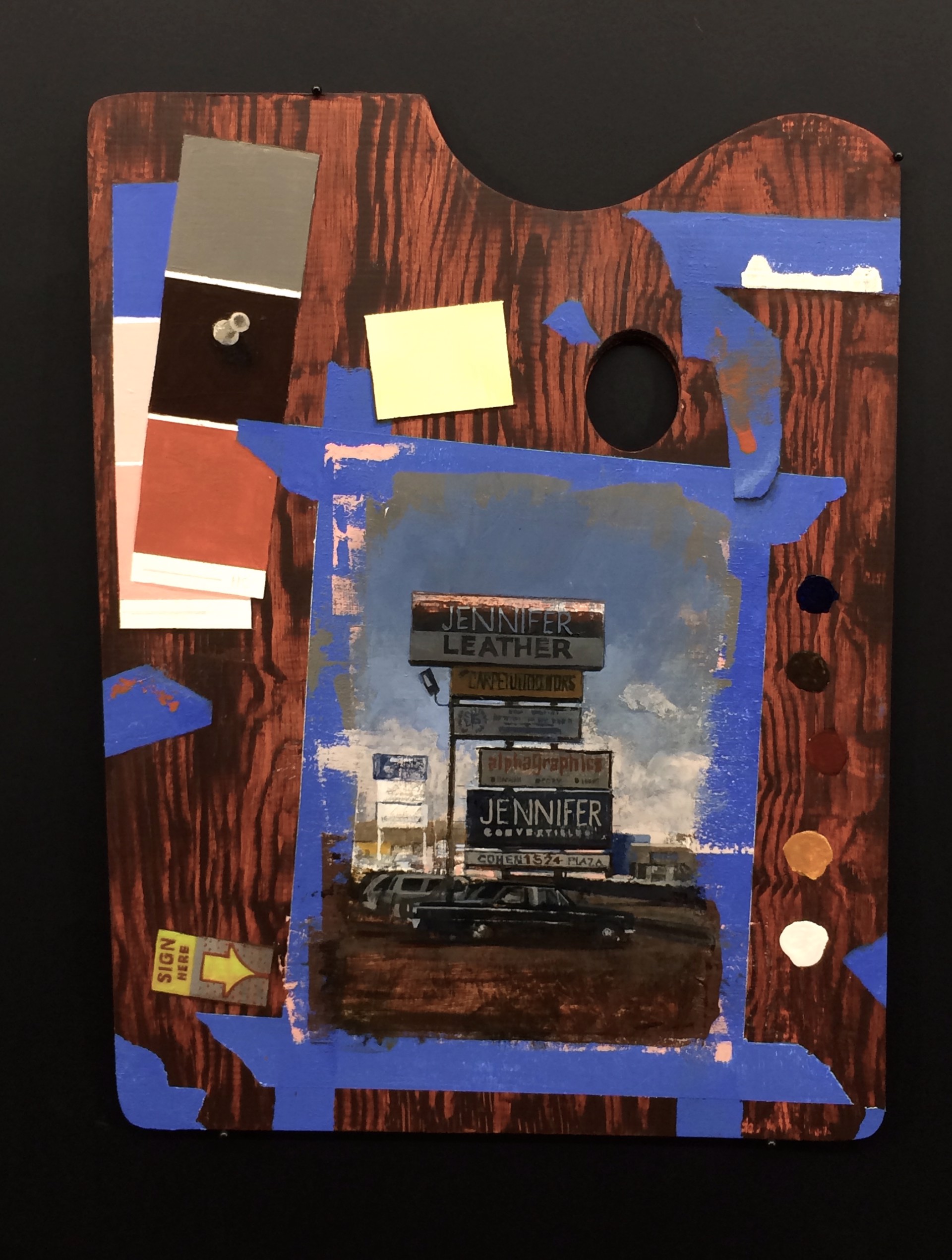A painting of a guitar with a sign on it.