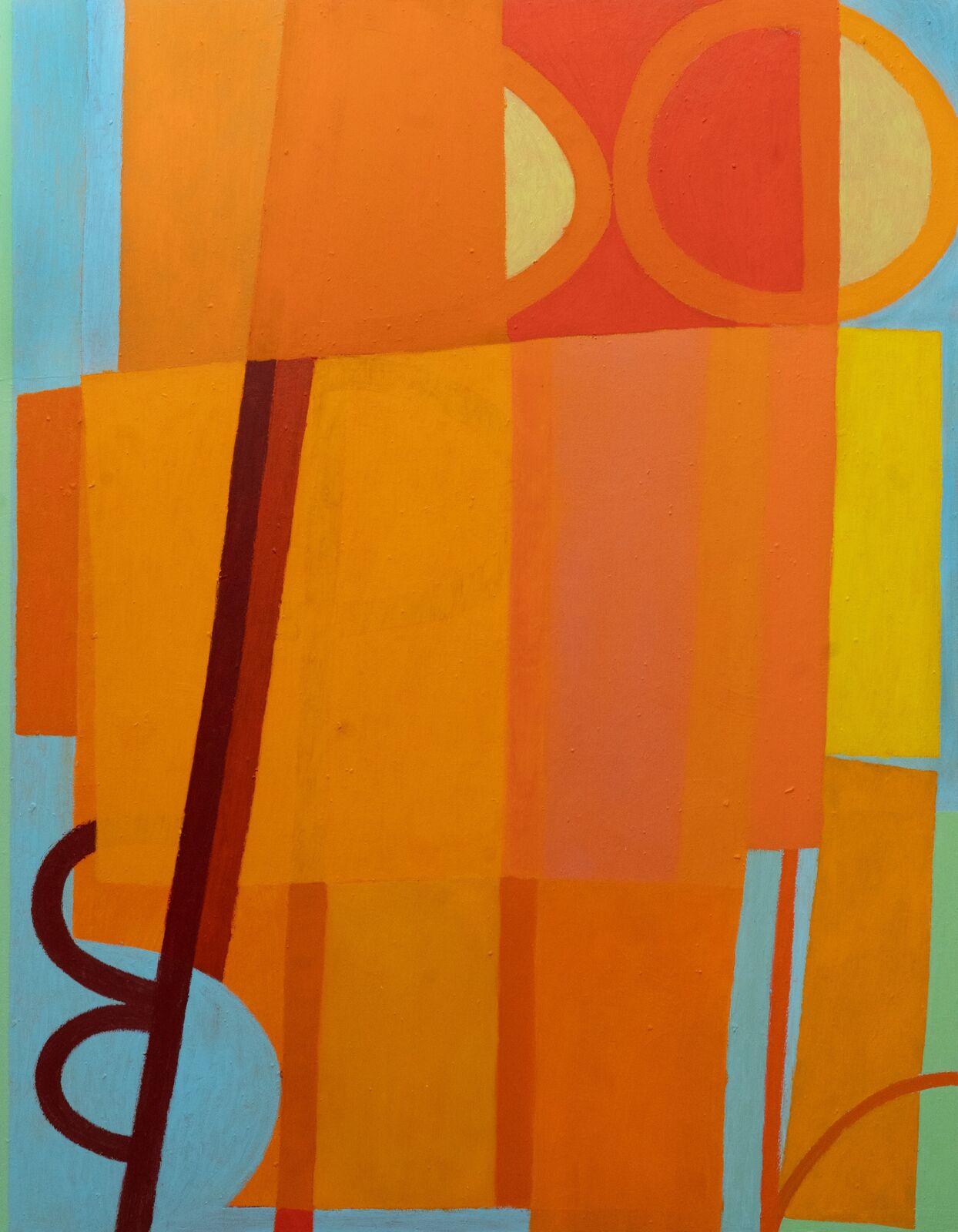 A vibrant abstract composition featuring bold geometric shapes and warm colors.