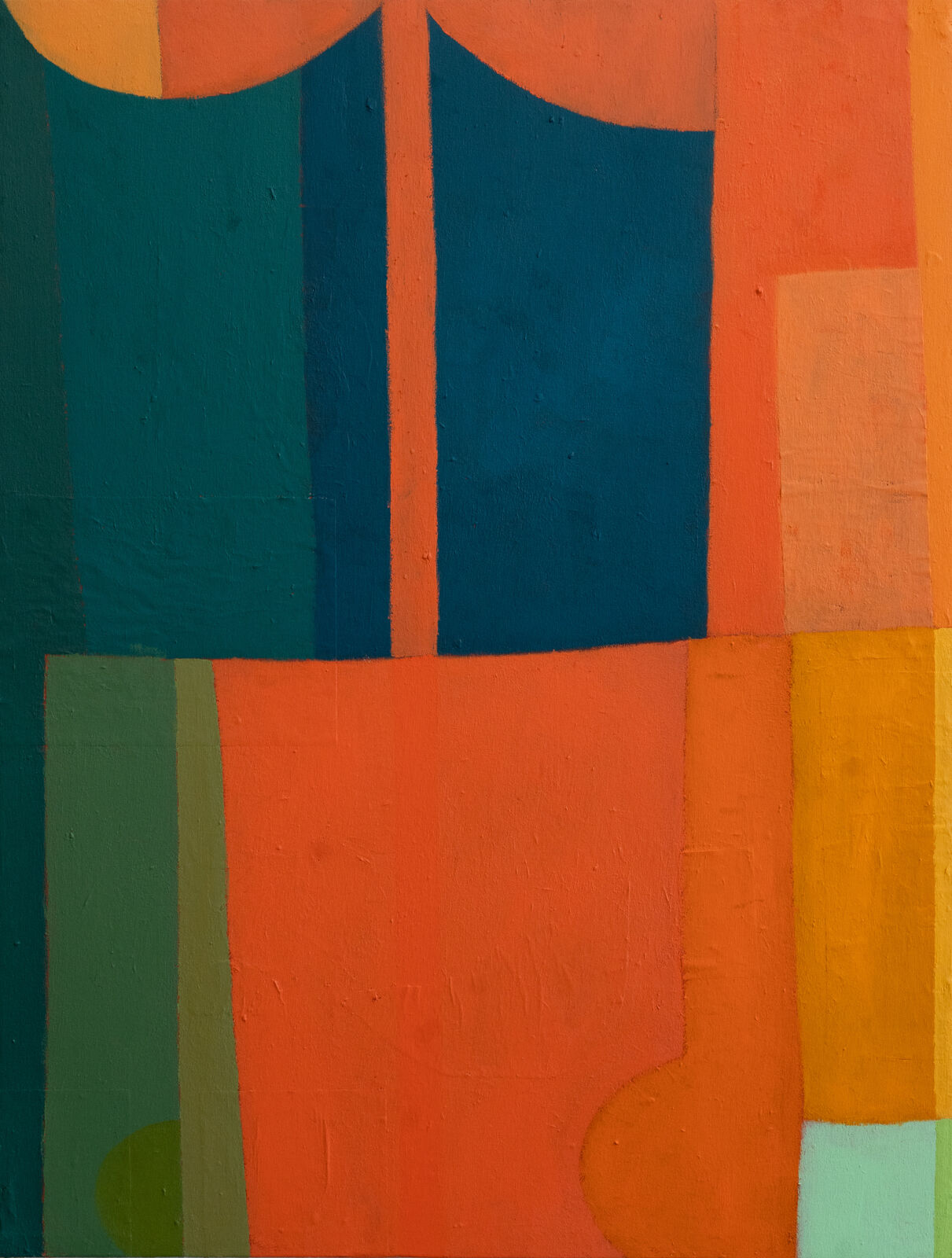 A vibrant abstract composition featuring bold geometric shapes and a warm color palette.
