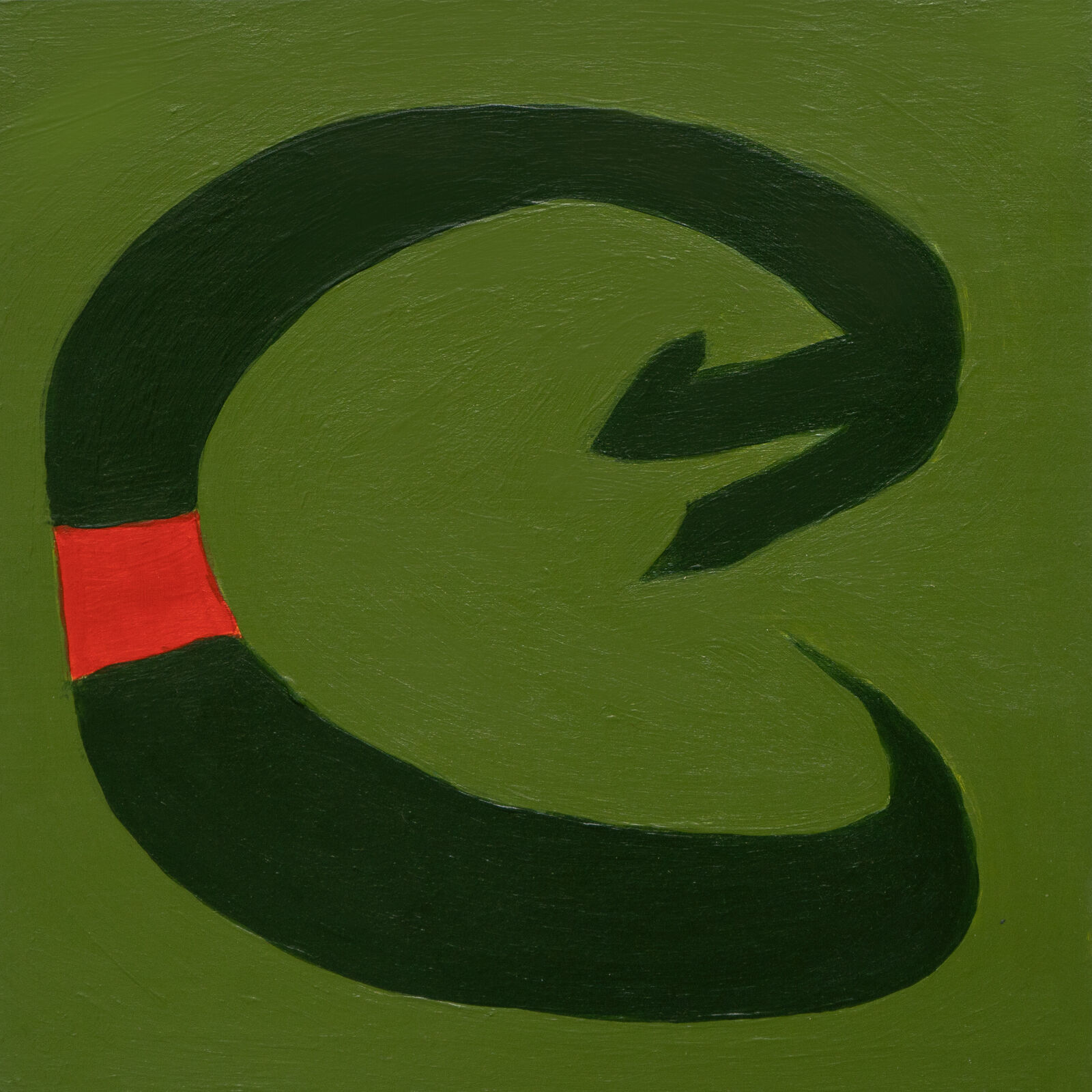 A bold, abstract composition featuring a thick black loop with a red square against an olive green background.