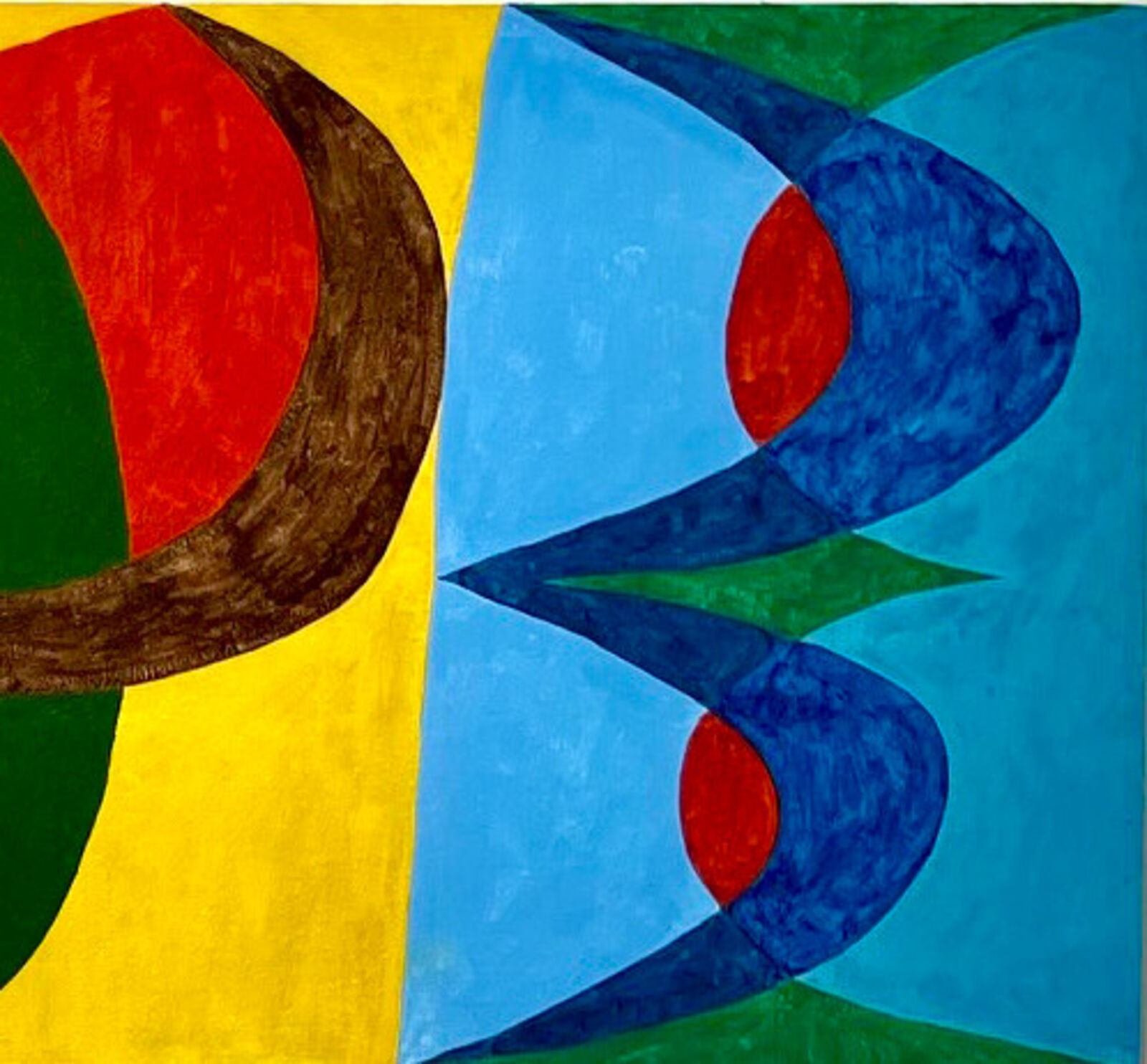A vibrant abstract composition featuring overlapping geometric shapes and bold colors.
