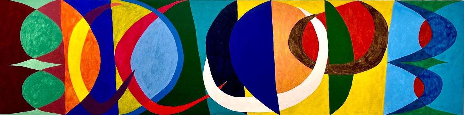 A vibrant abstract composition featuring overlapping geometric shapes and bold colors.