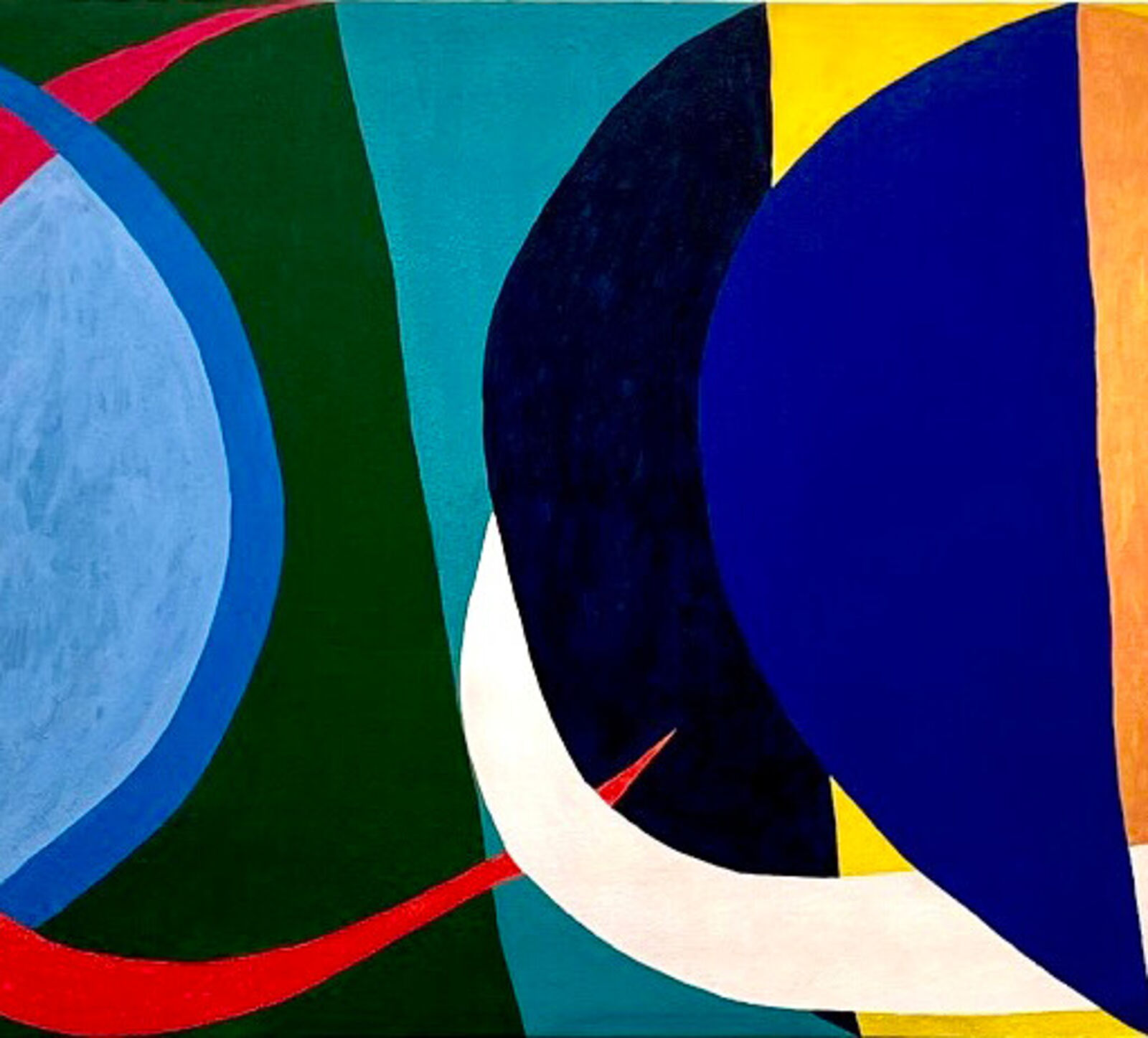 A vibrant abstract composition featuring overlapping geometric shapes and bold colors.