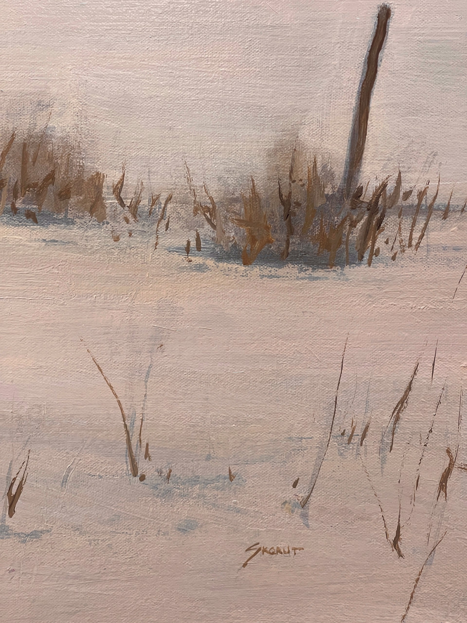 A painting of a snow covered field with trees in the distance.