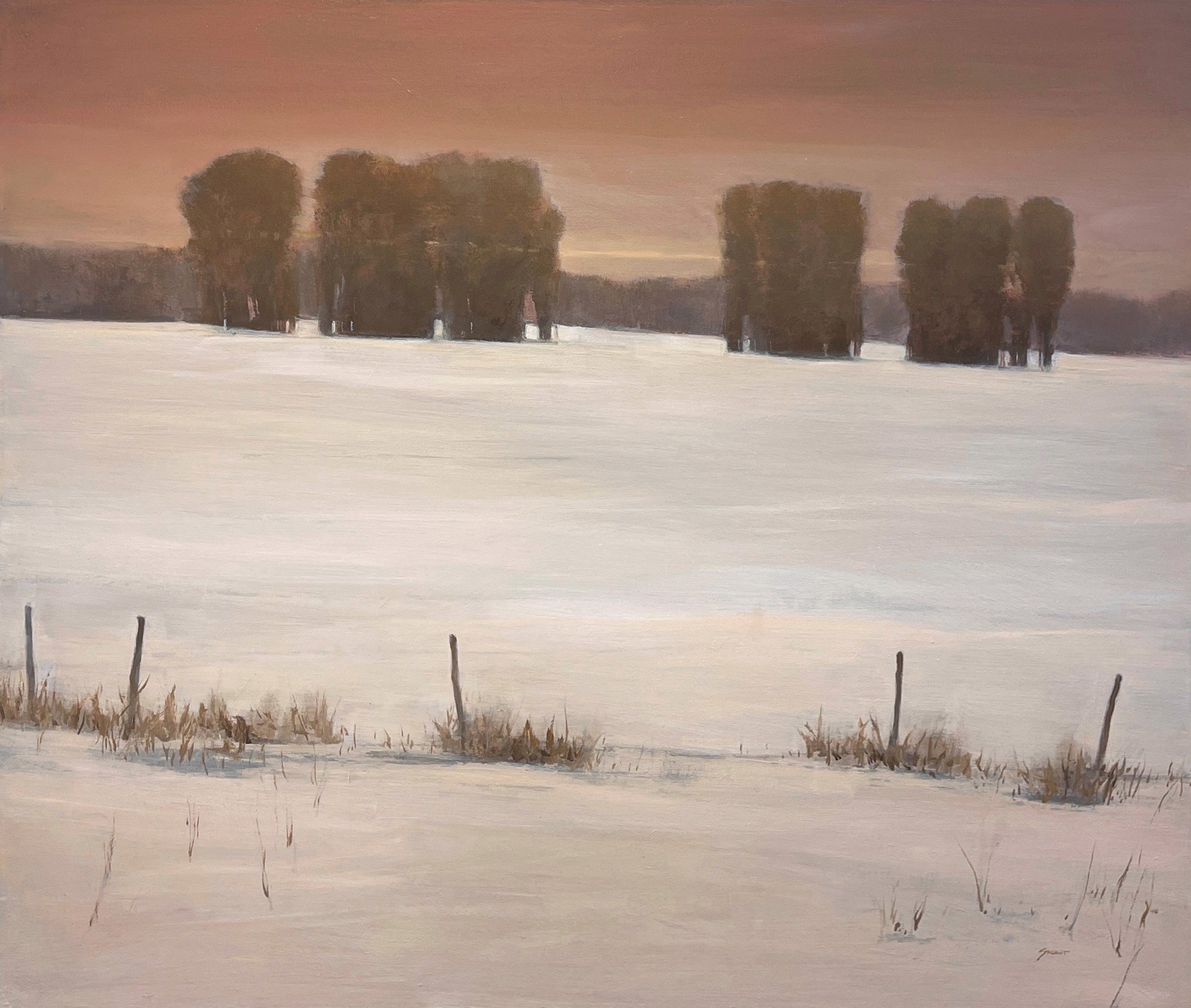 A painting of a snow covered field with trees in the distance.