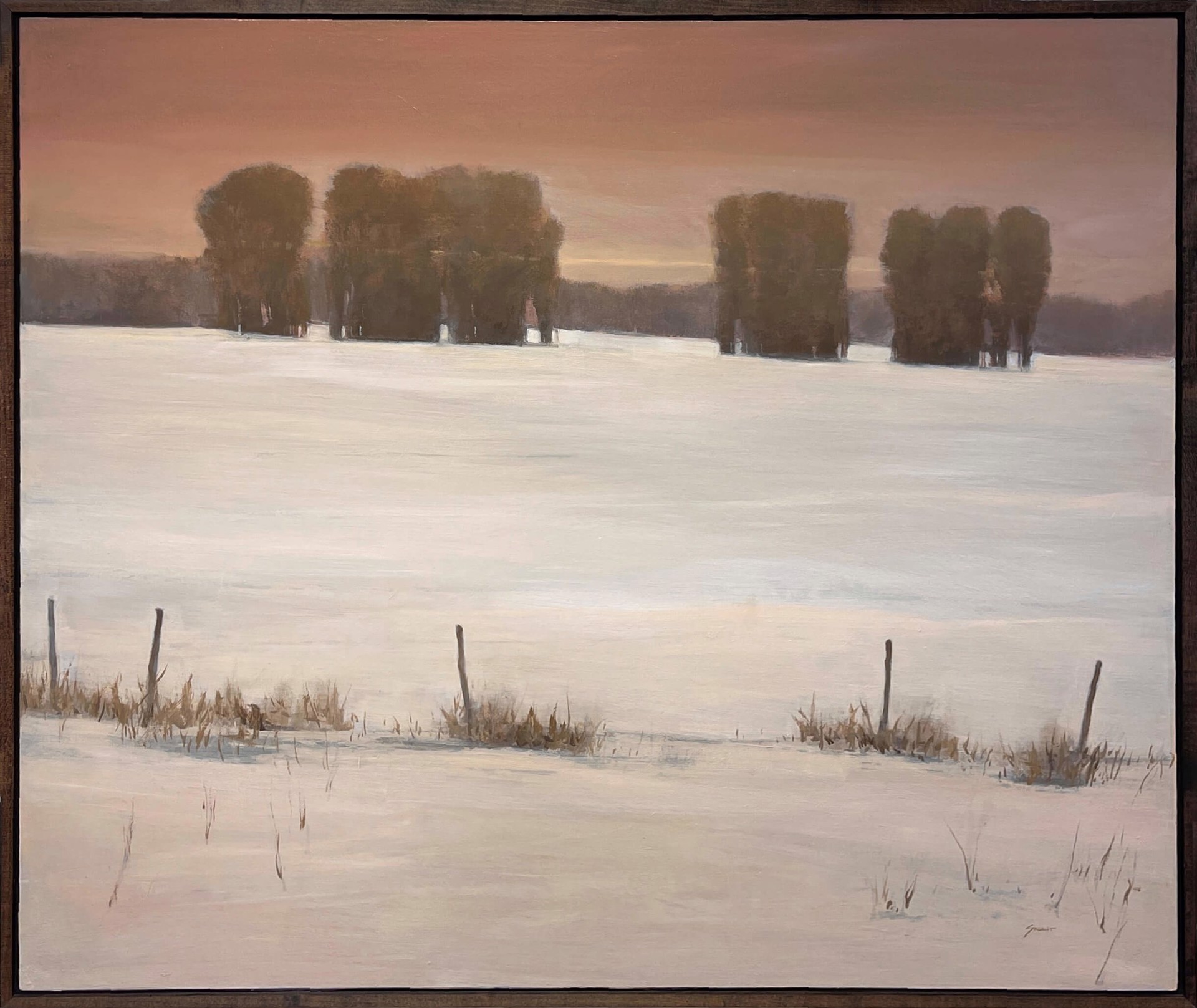 A painting of a snow covered field with trees in the distance.