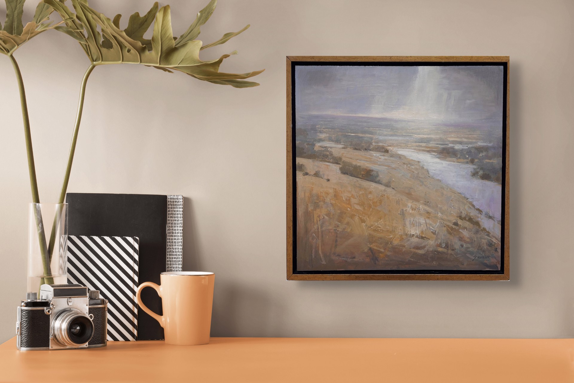 A painting of a landscape with a river running through it.