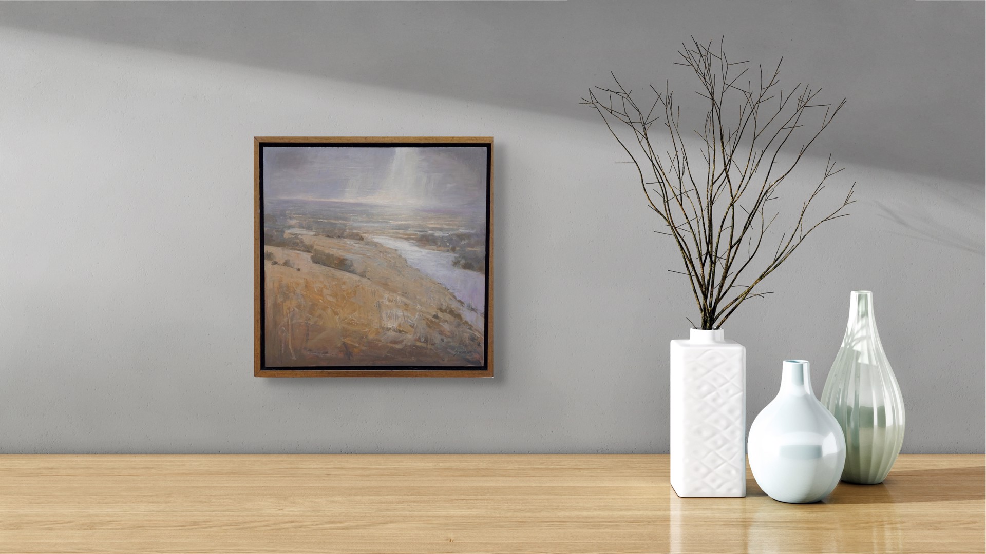 A painting of a landscape with a river running through it.