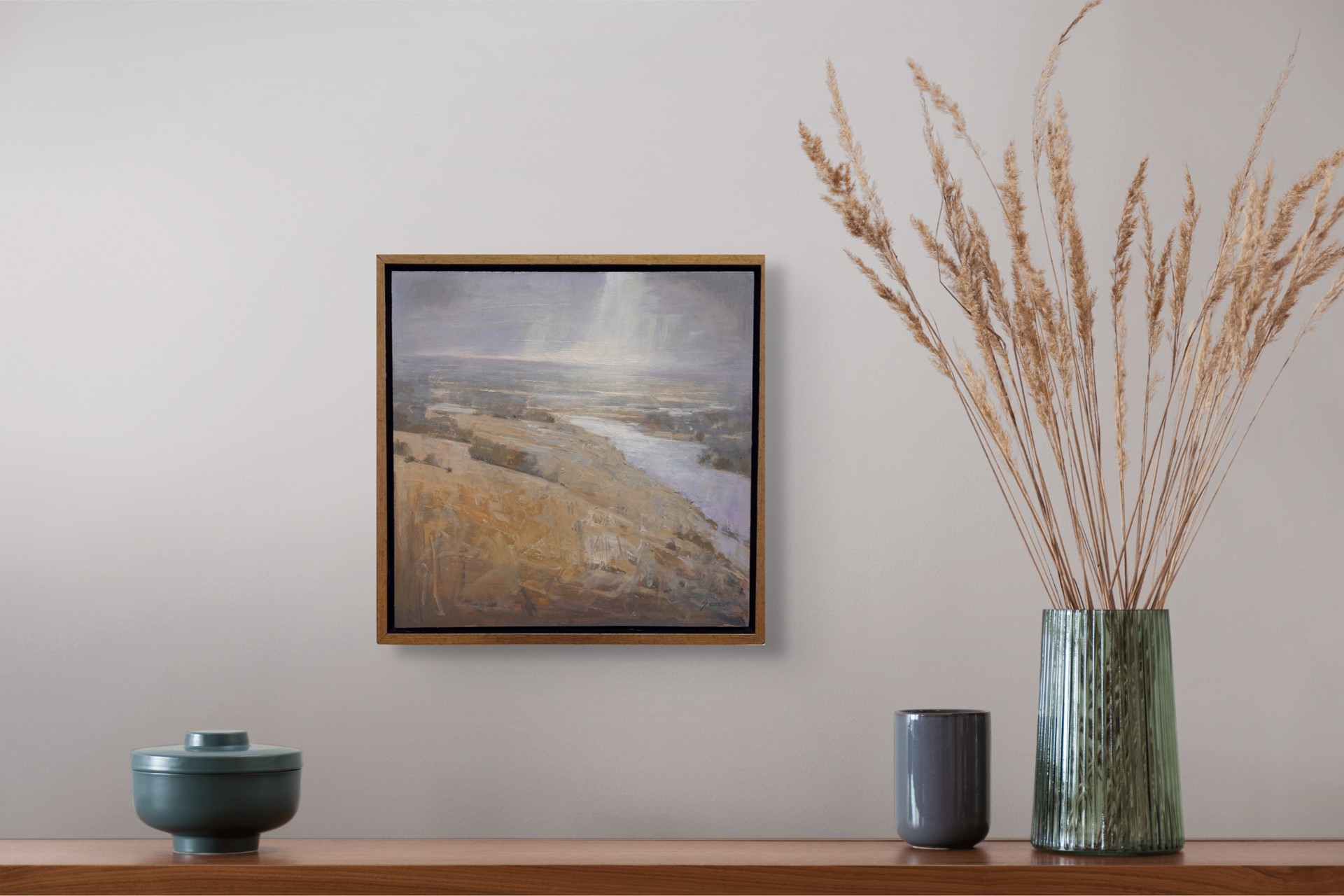 A painting of a landscape with a river running through it.