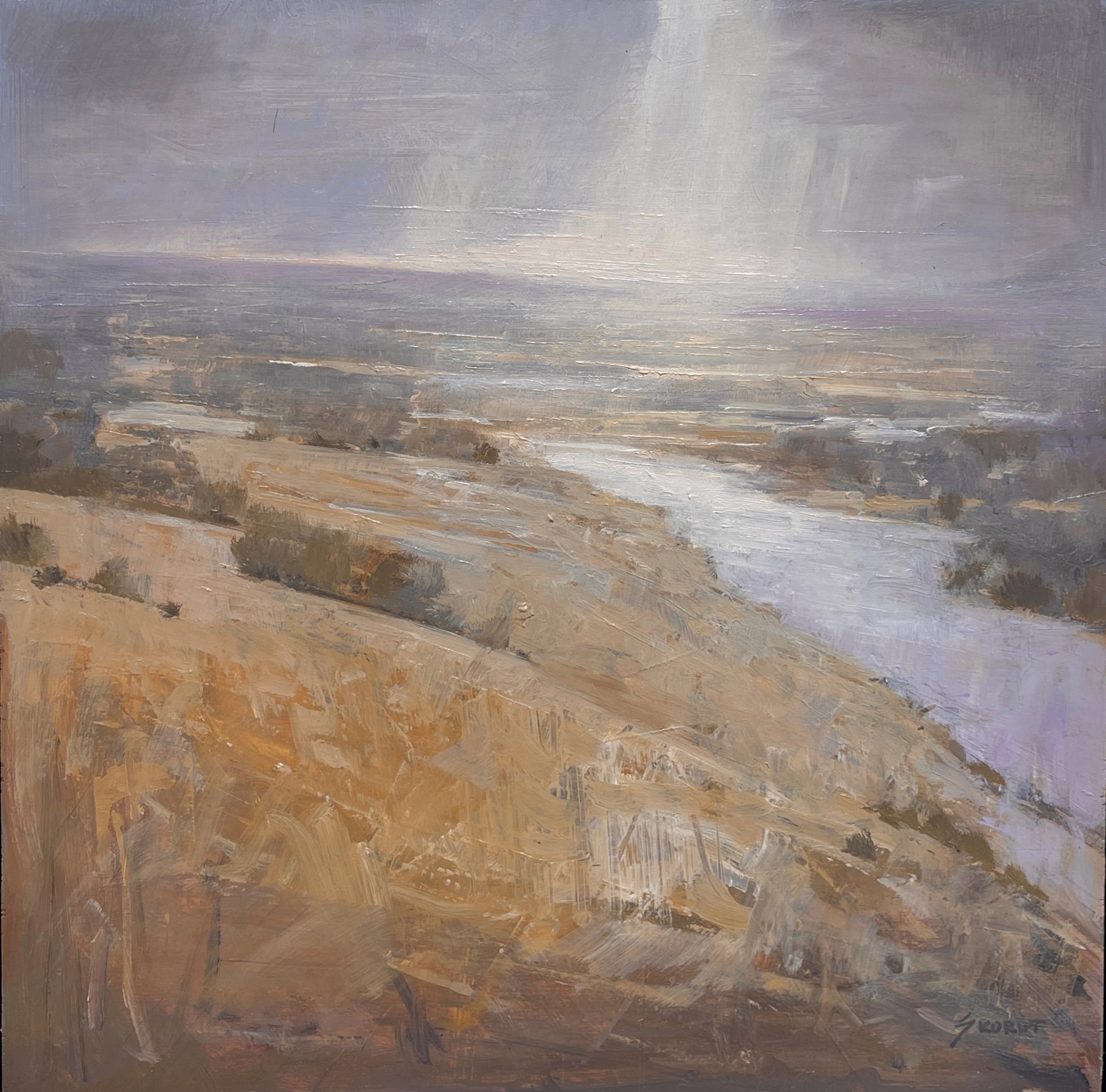 A painting of a landscape with a river running through it.