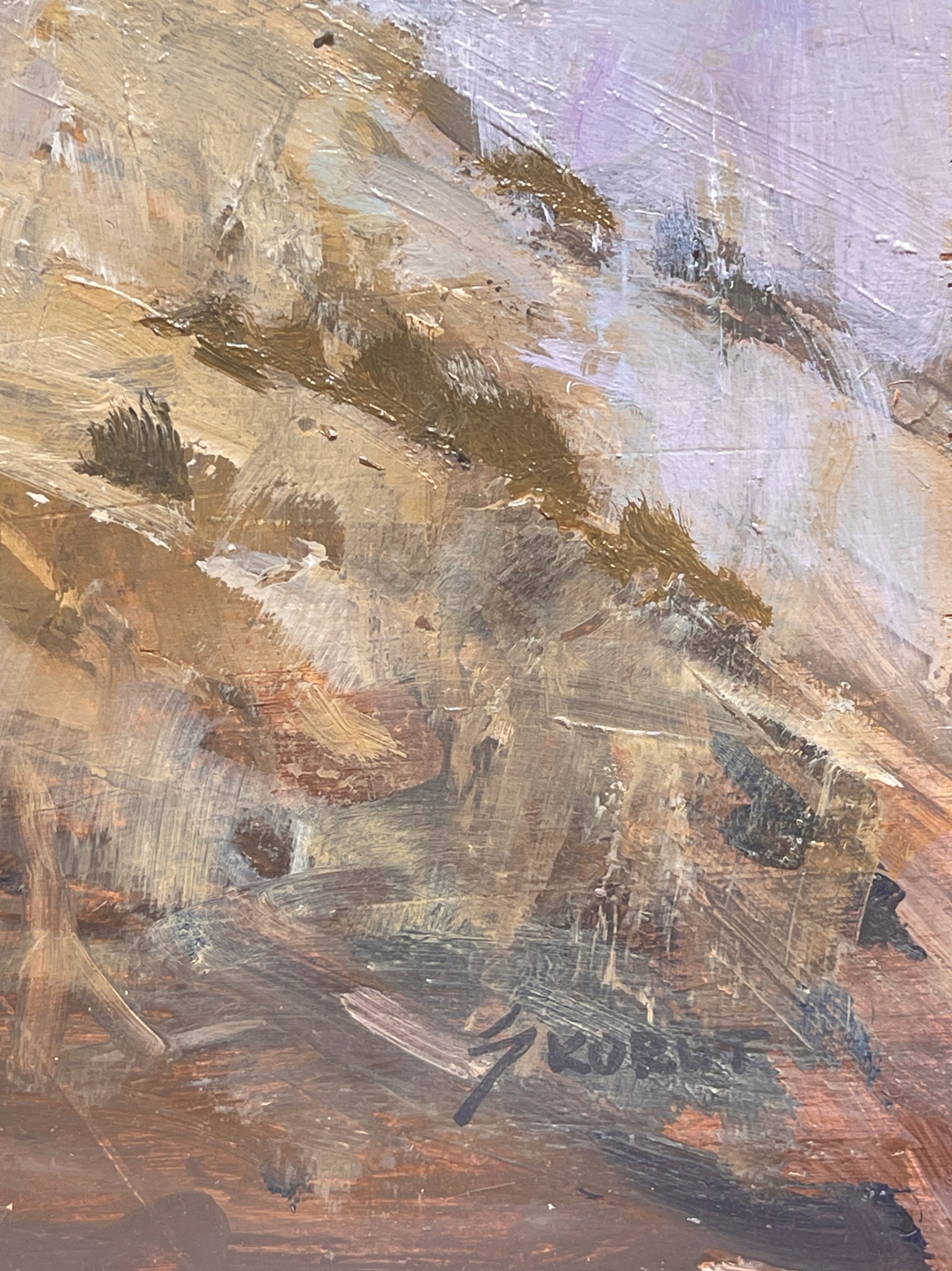 A painting of a landscape with a river running through it.