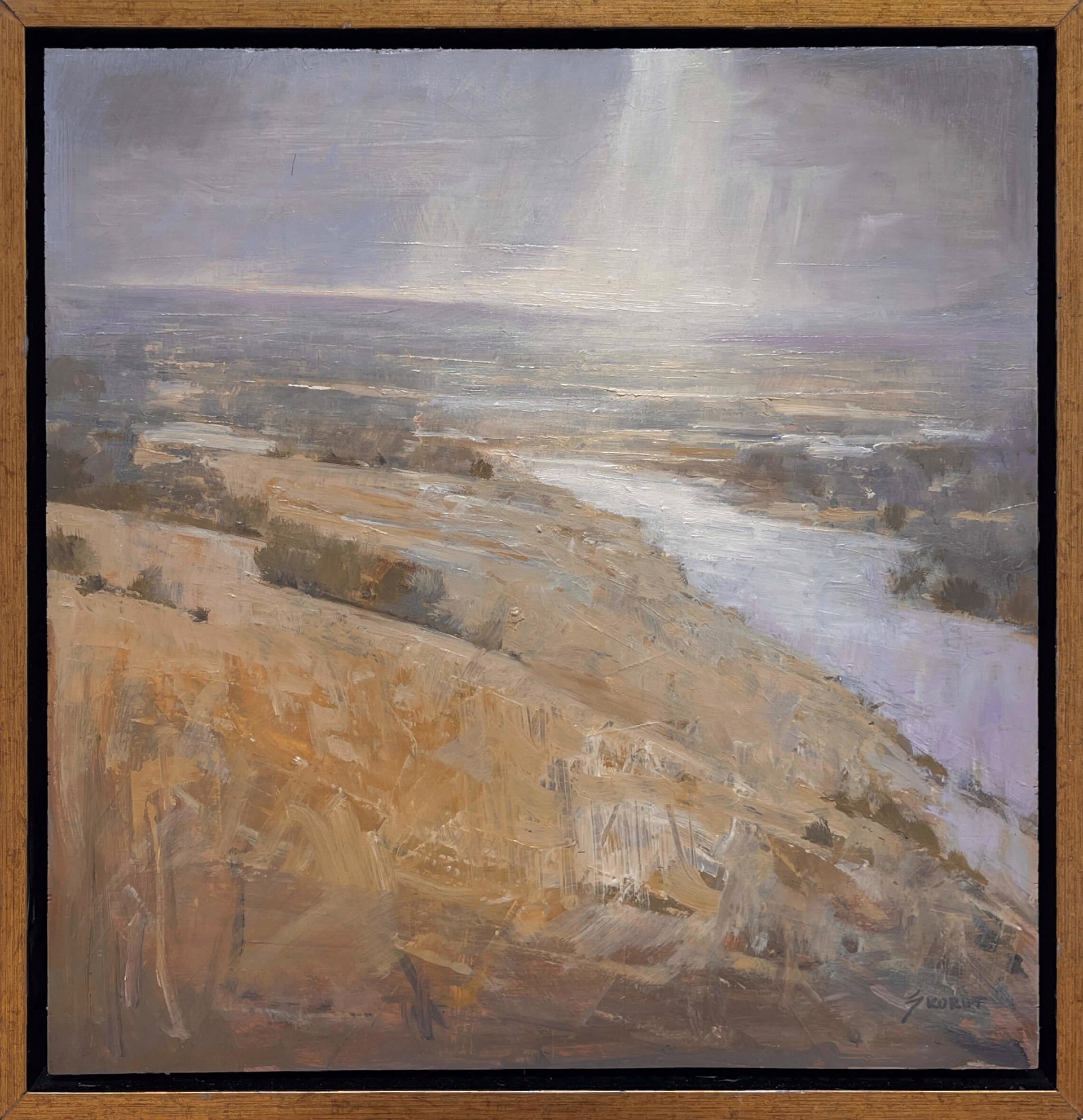 A painting of a landscape with a river running through it.