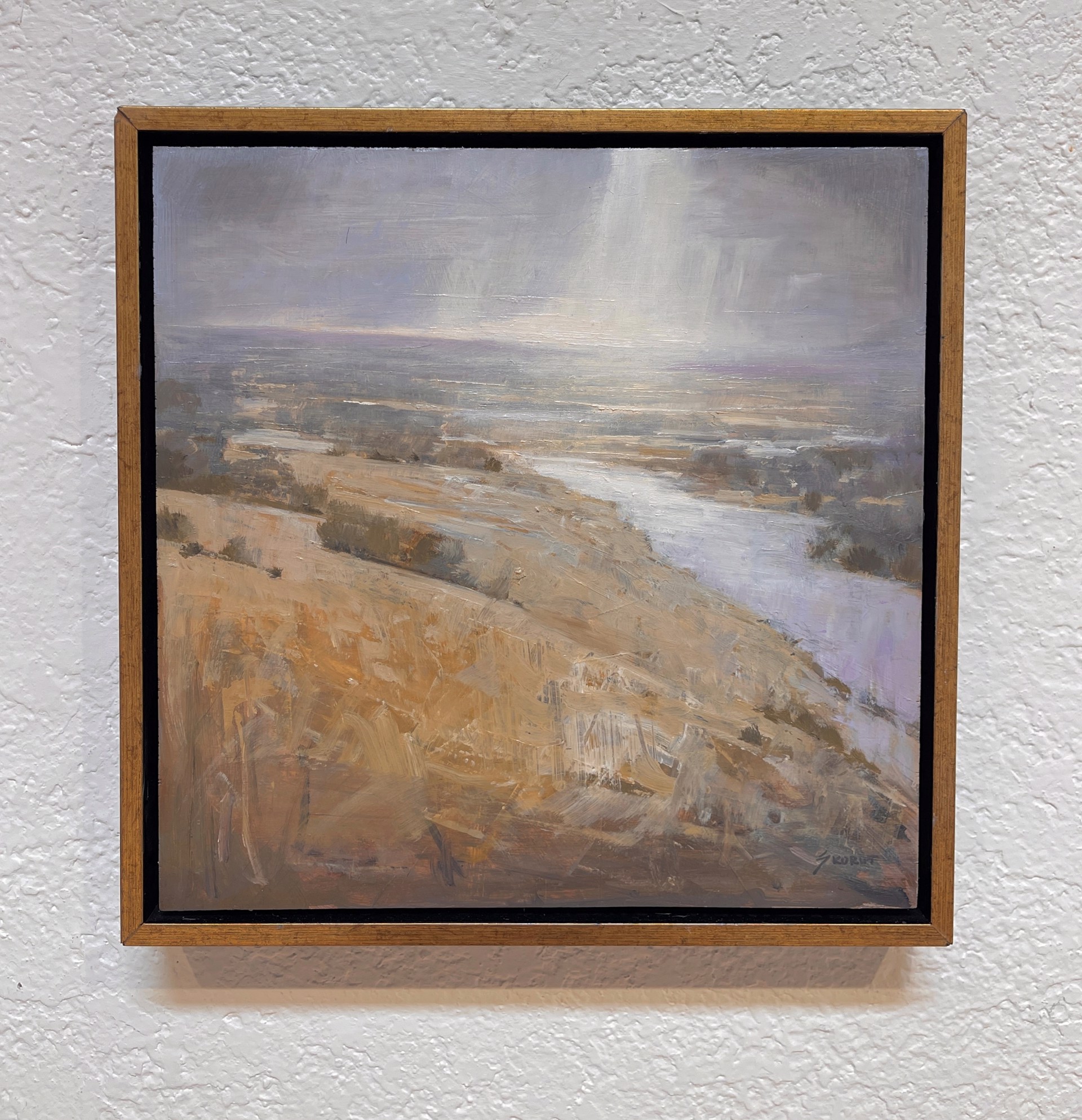 A painting of a landscape with a river running through it.