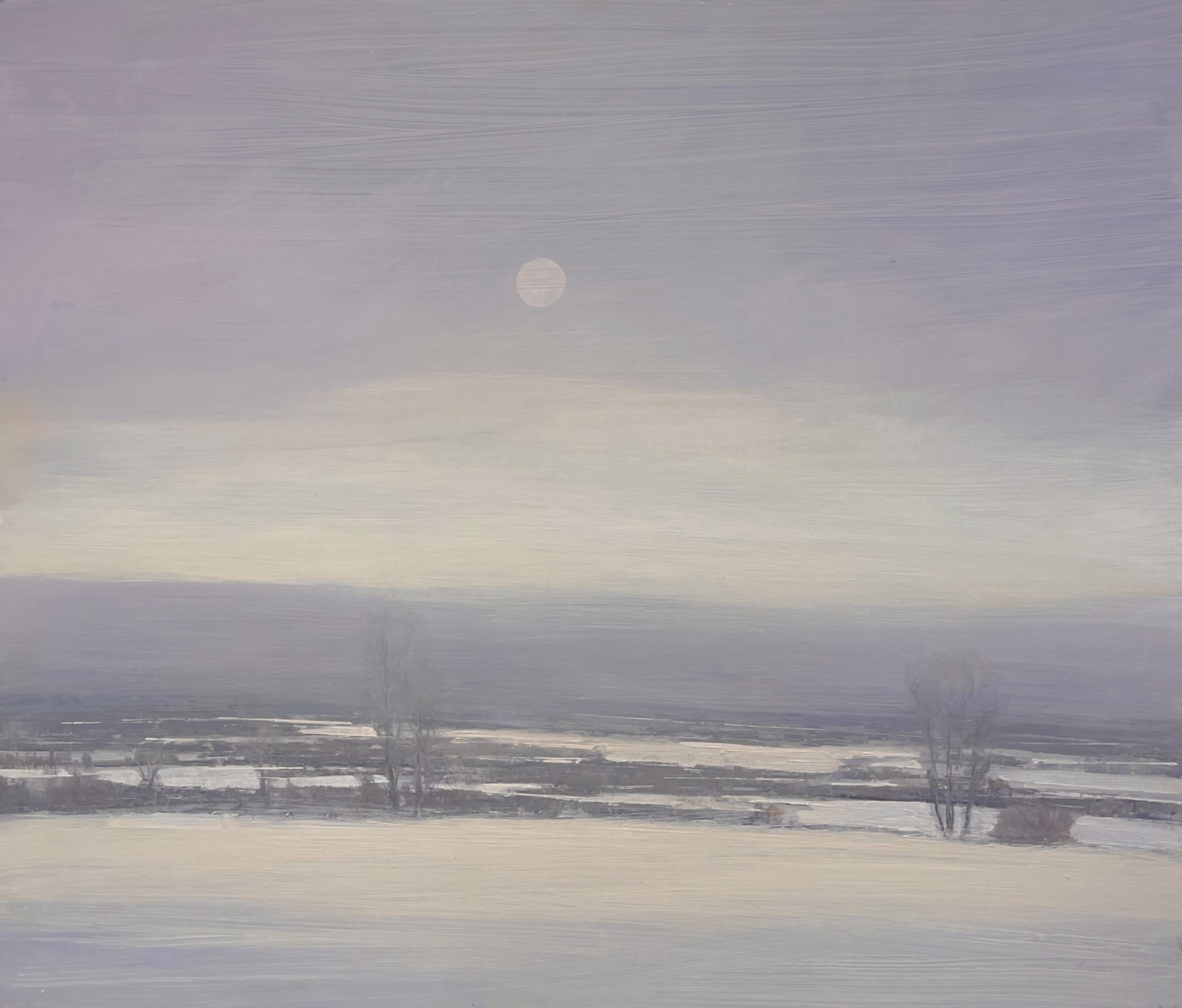 A muted winter landscape under a pale sky with a visible moon.