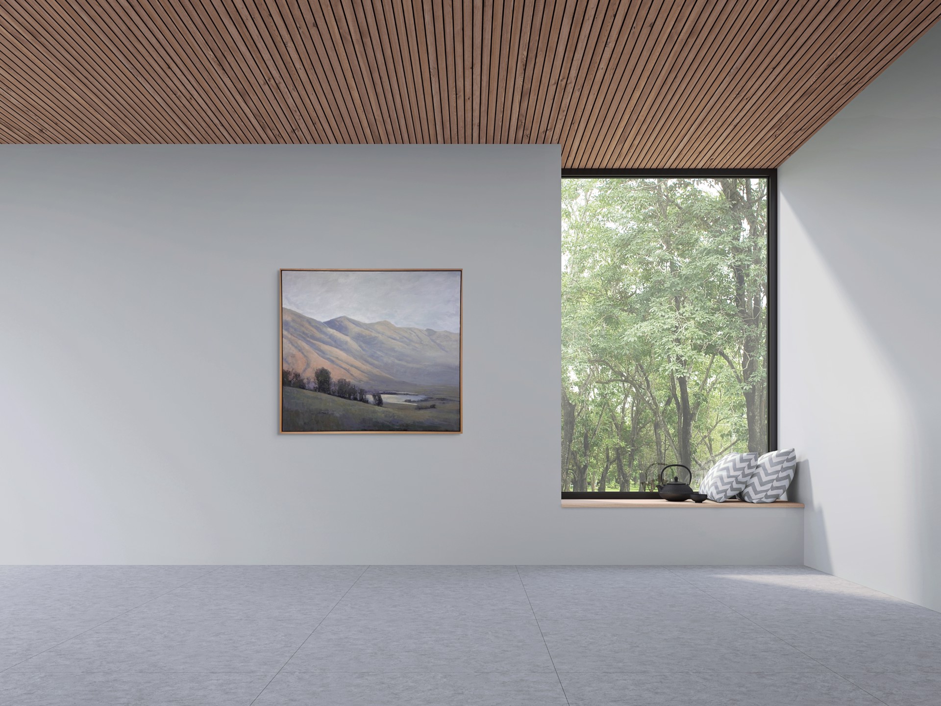 A painting of a landscape with mountains in the background.