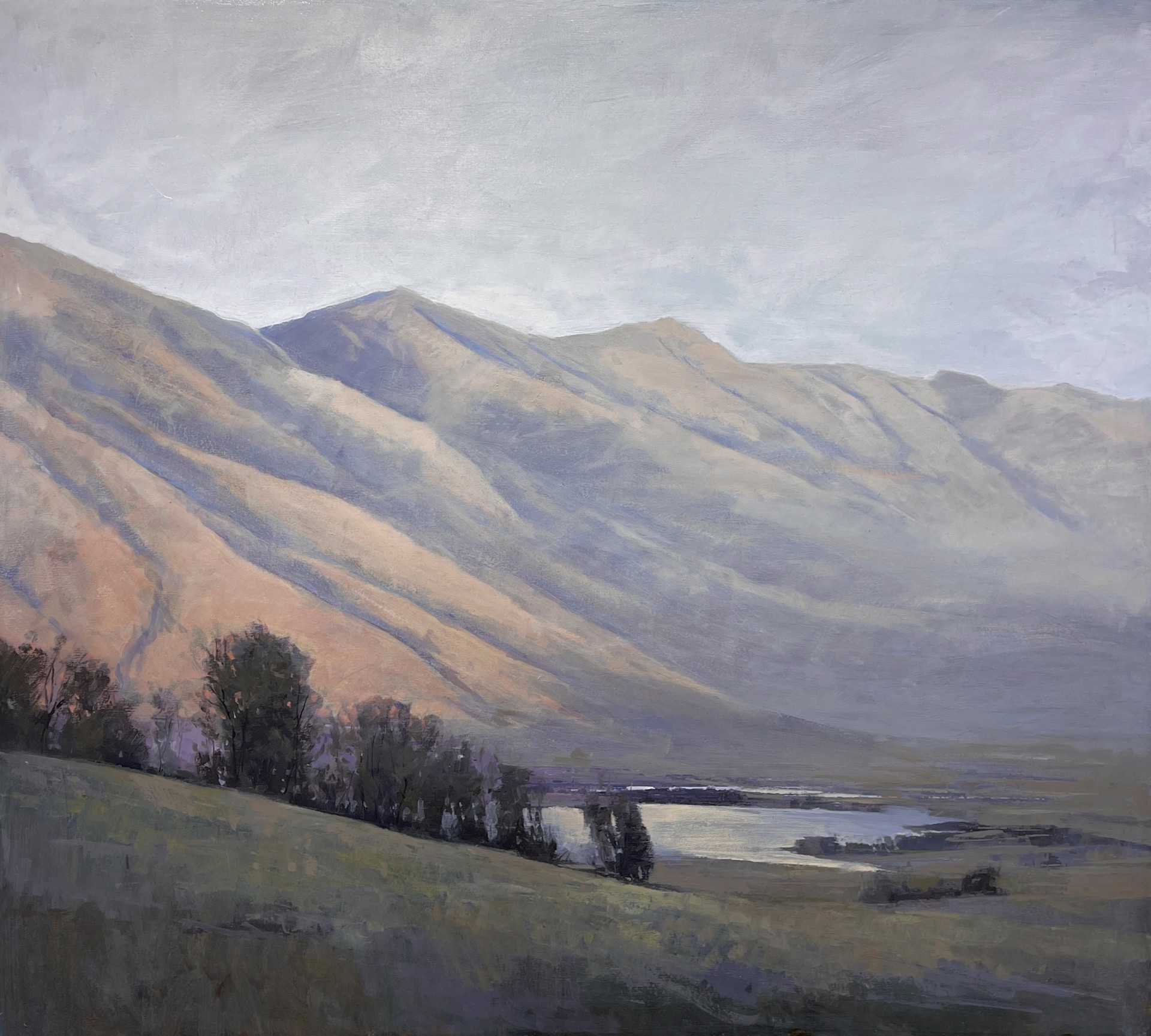 A painting of a landscape with mountains in the background.