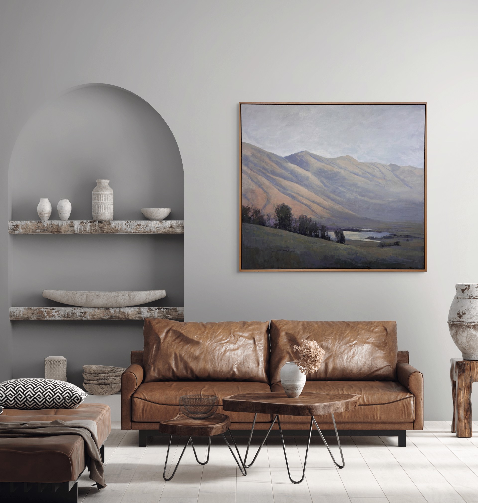 A painting of a landscape with mountains in the background.