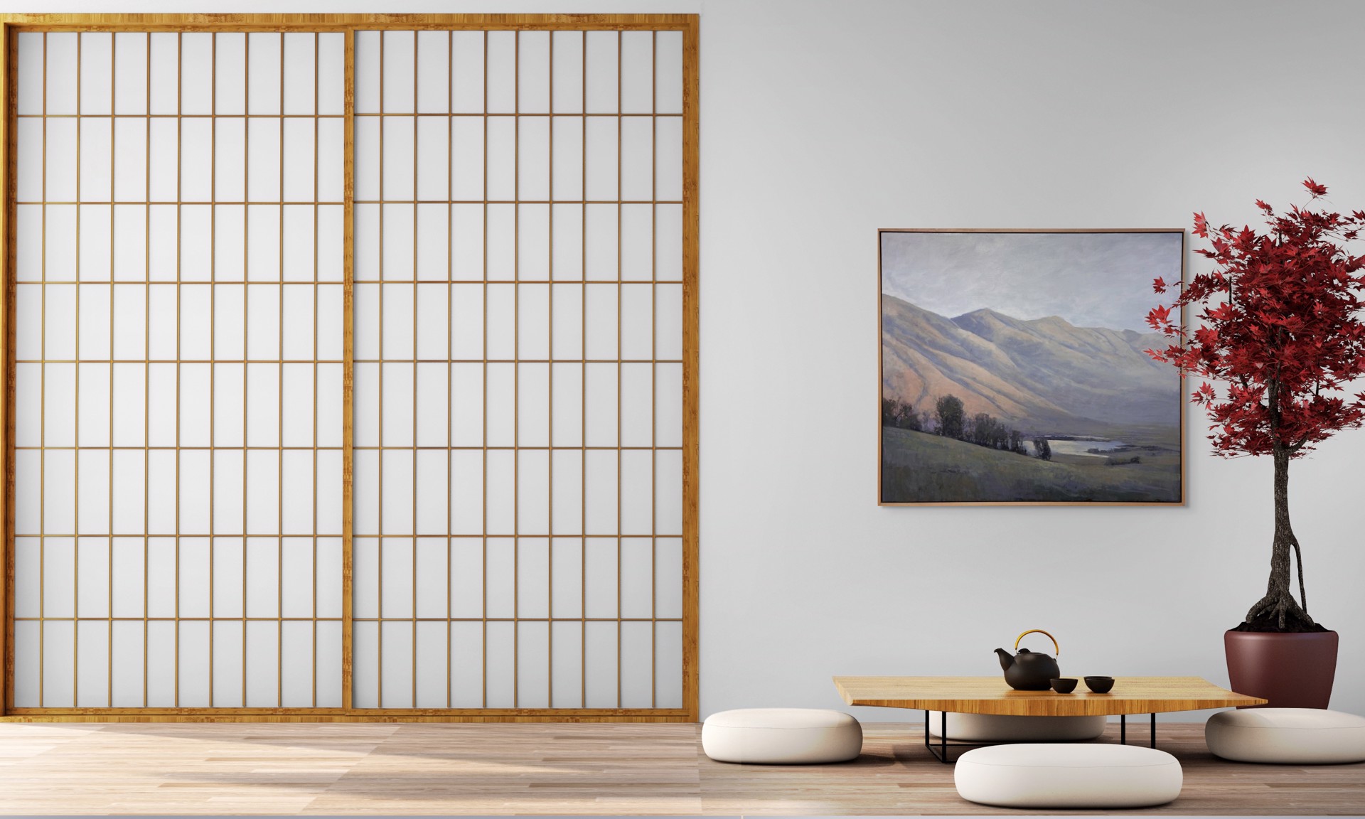 A painting of a landscape with mountains in the background.