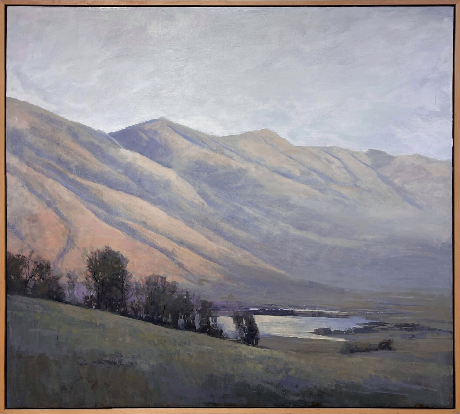 A painting of a landscape with mountains in the background.