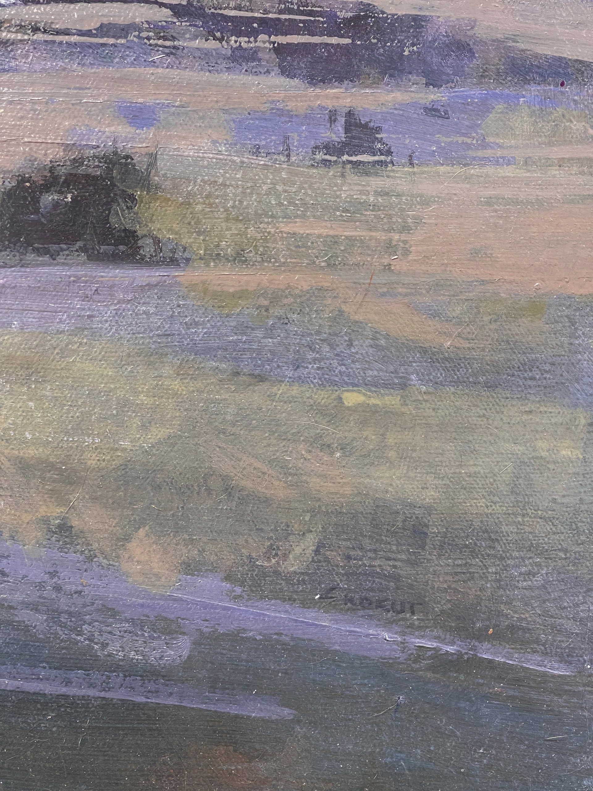A painting of a landscape with mountains in the background.