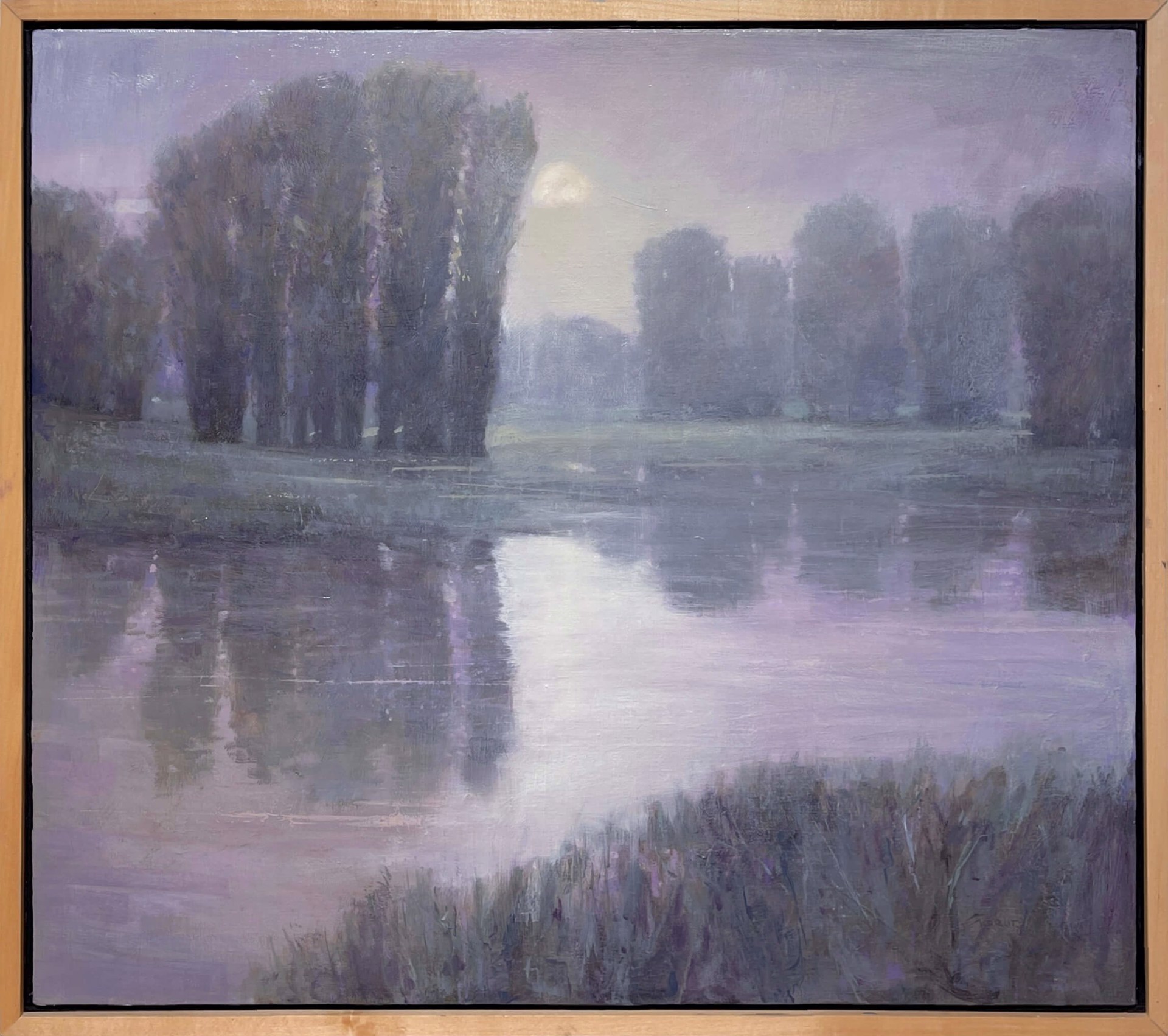 A moody landscape painting of a misty riverbank at twilight.