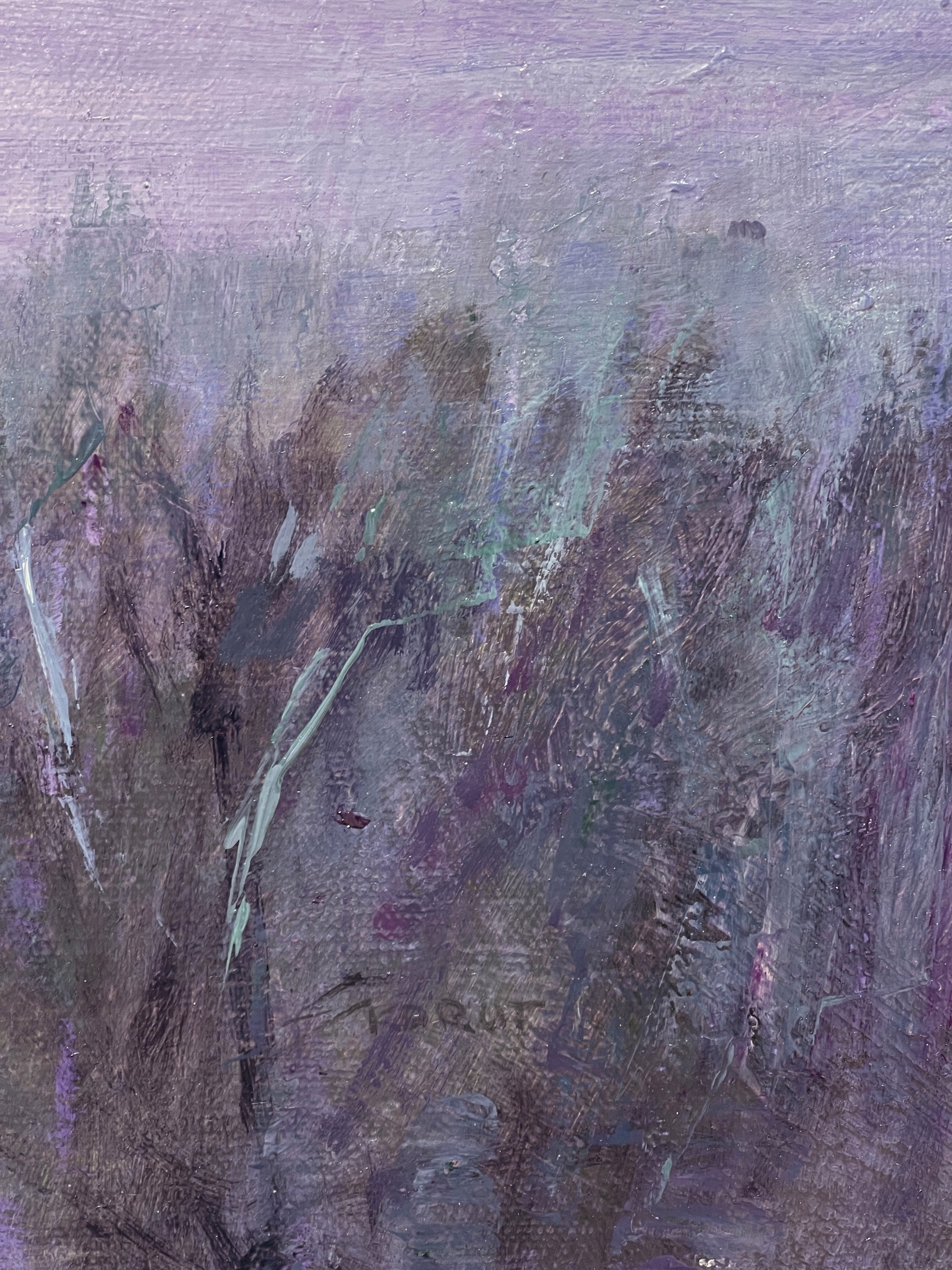 A moody landscape painting of a misty riverbank at twilight.