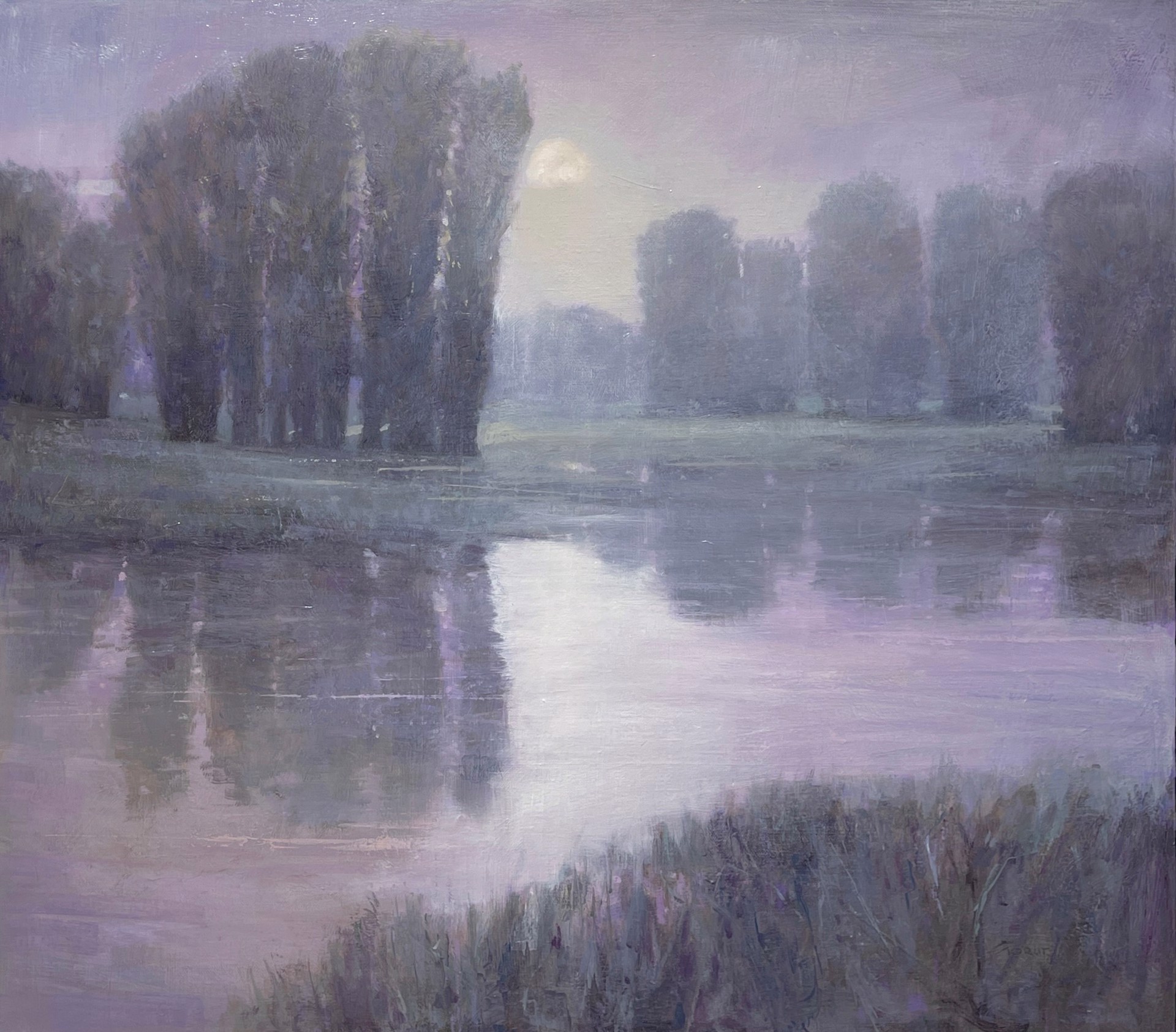 A moody landscape painting of a misty riverbank at twilight.