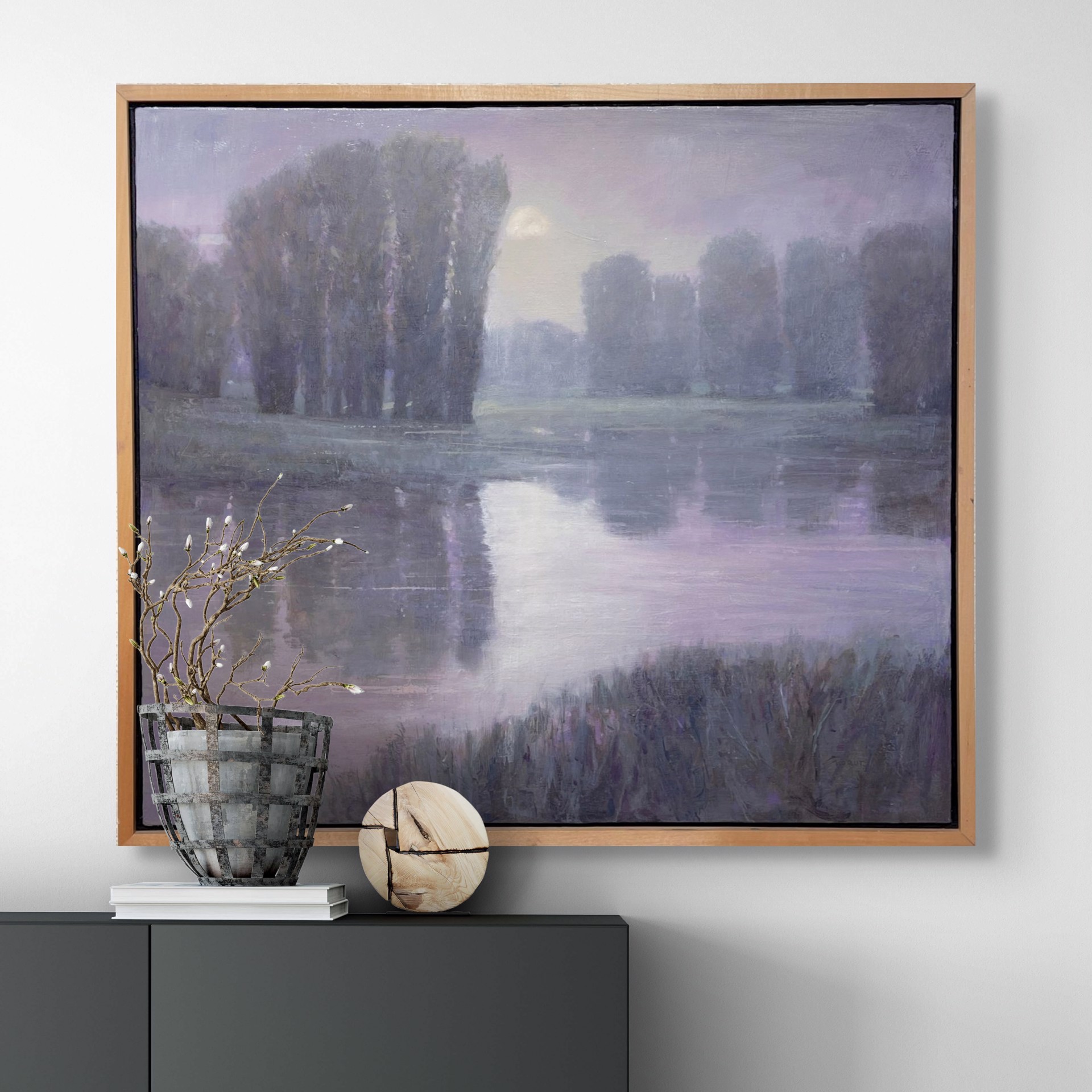 A moody landscape painting of a misty riverbank at twilight.