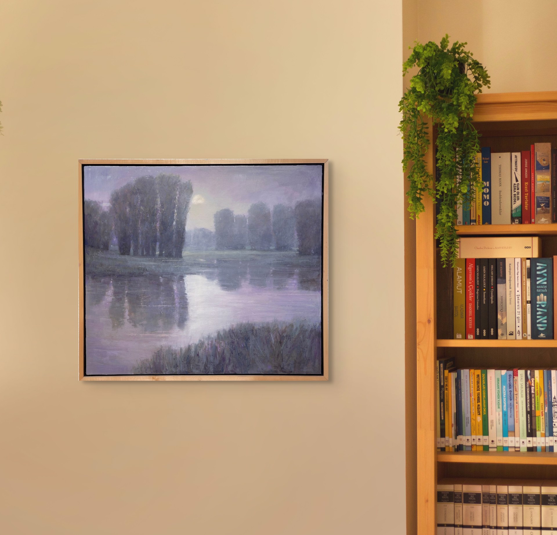 A moody landscape painting of a misty riverbank at twilight.